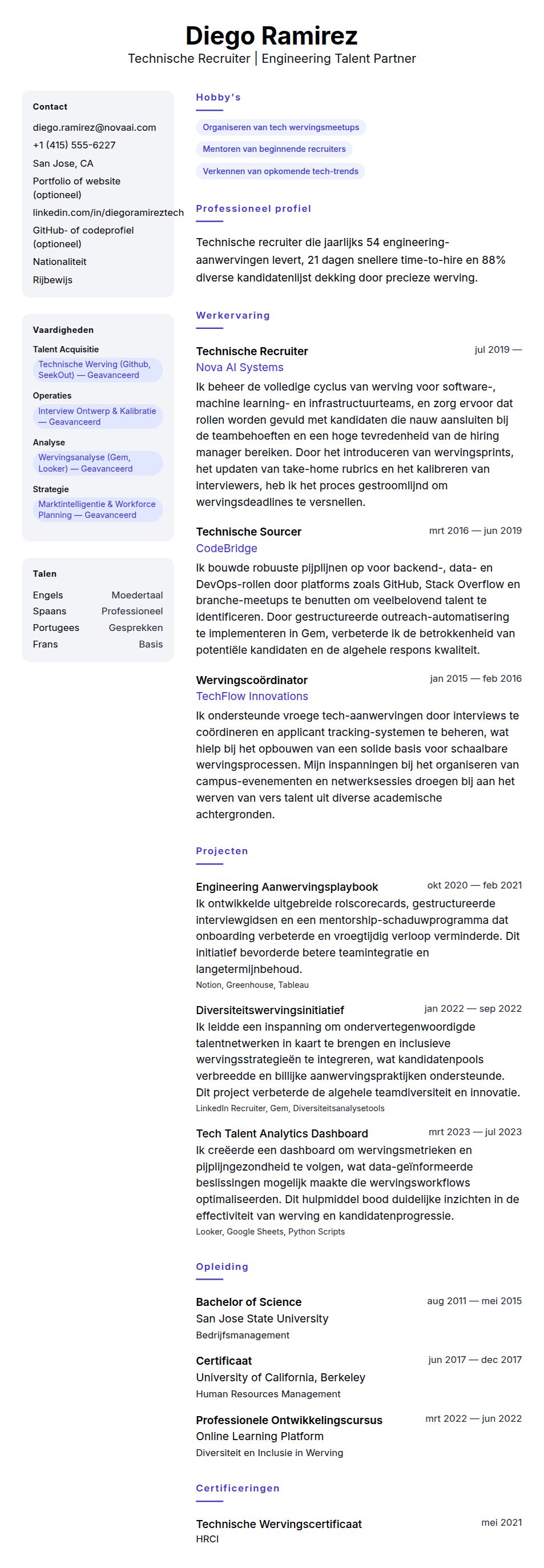 Cv-voorvertoning voor Voorbeeld CV Technische Recruiter