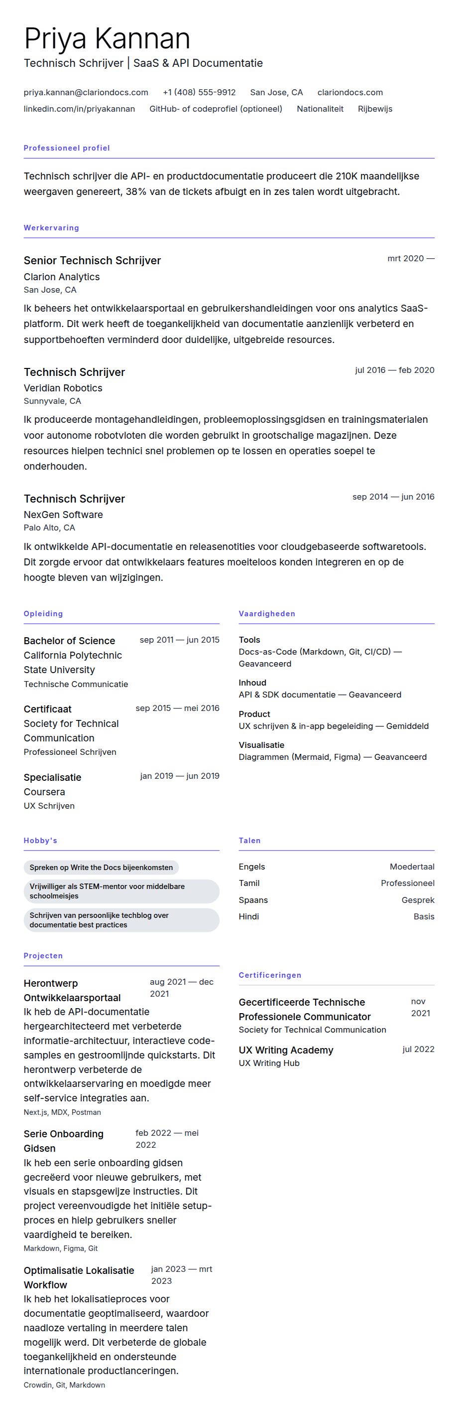Cv-voorvertoning voor Voorbeeld CV Technisch Schrijver