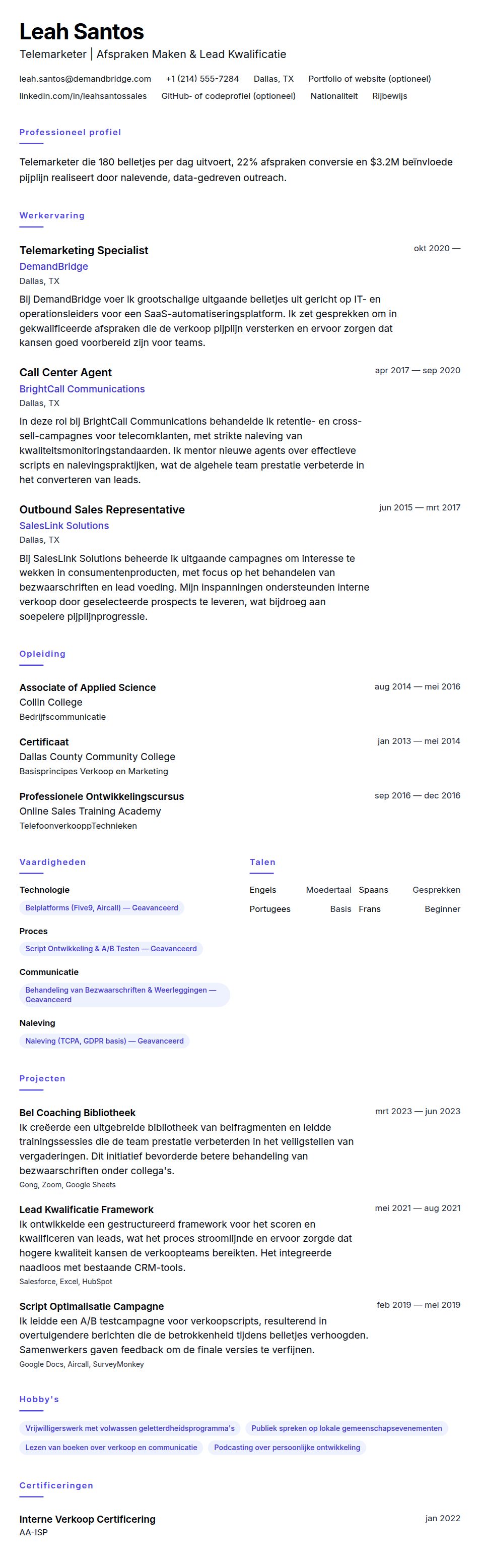 Telemarketer CV-voorbeeld