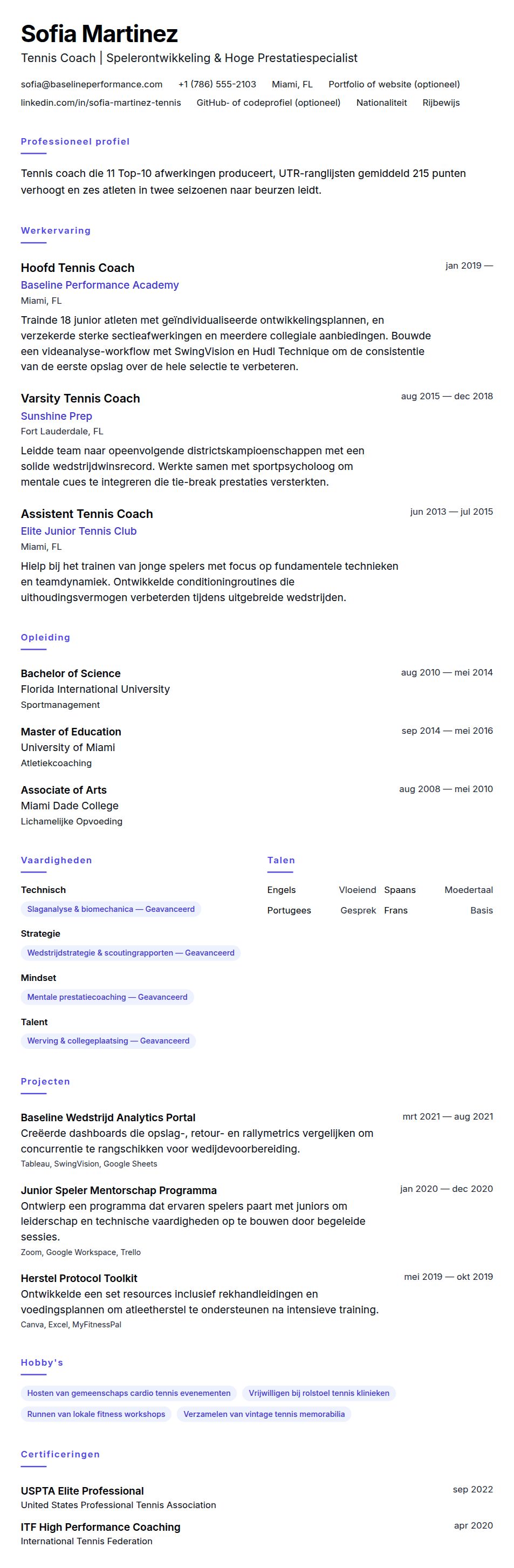 Voorbeeld Tennis Coach CV