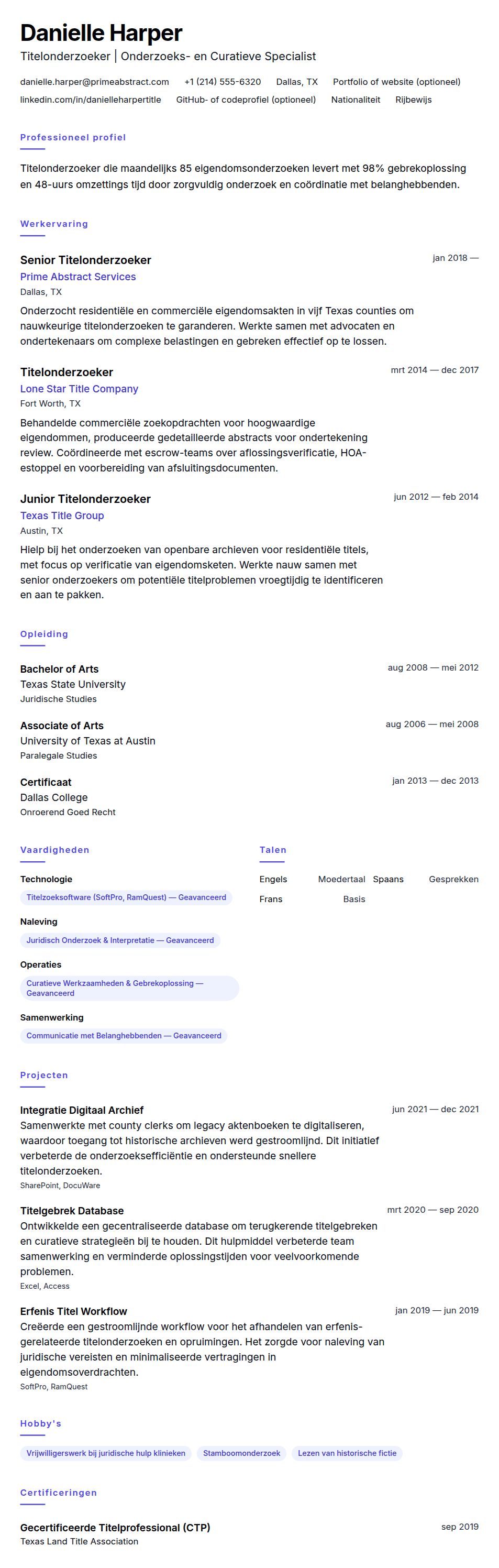 Cv-voorvertoning voor Titelonderzoeker CV-voorbeeld