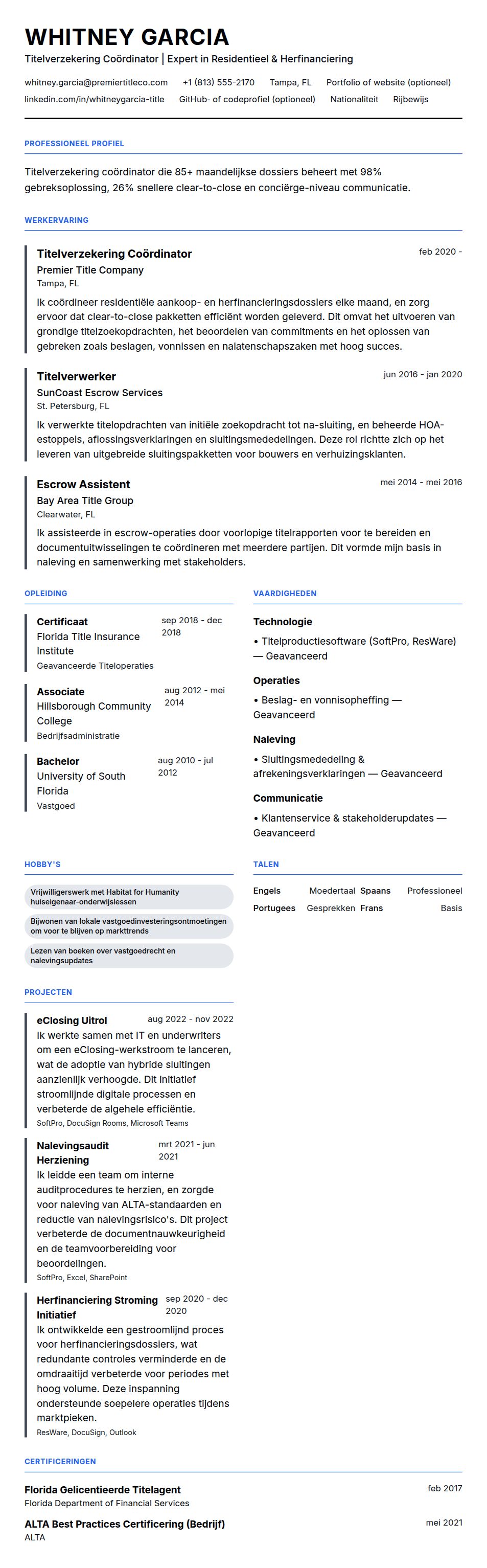 Cv-voorvertoning voor Titelverzekering Coördinator CV Voorbeeld