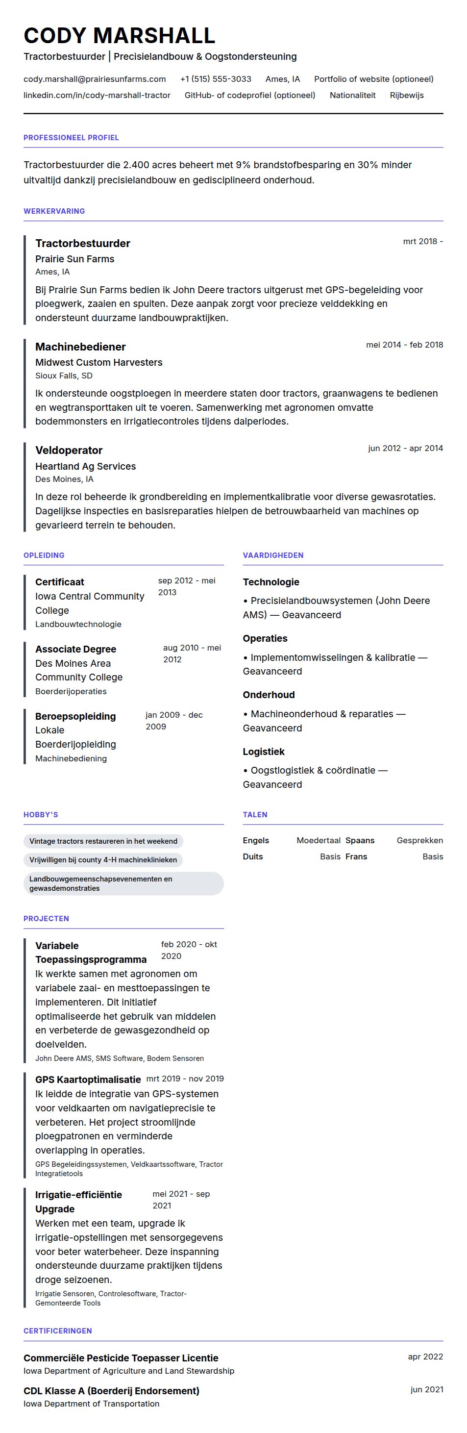 Cv-voorvertoning voor Voorbeeld CV Tractorbestuurder