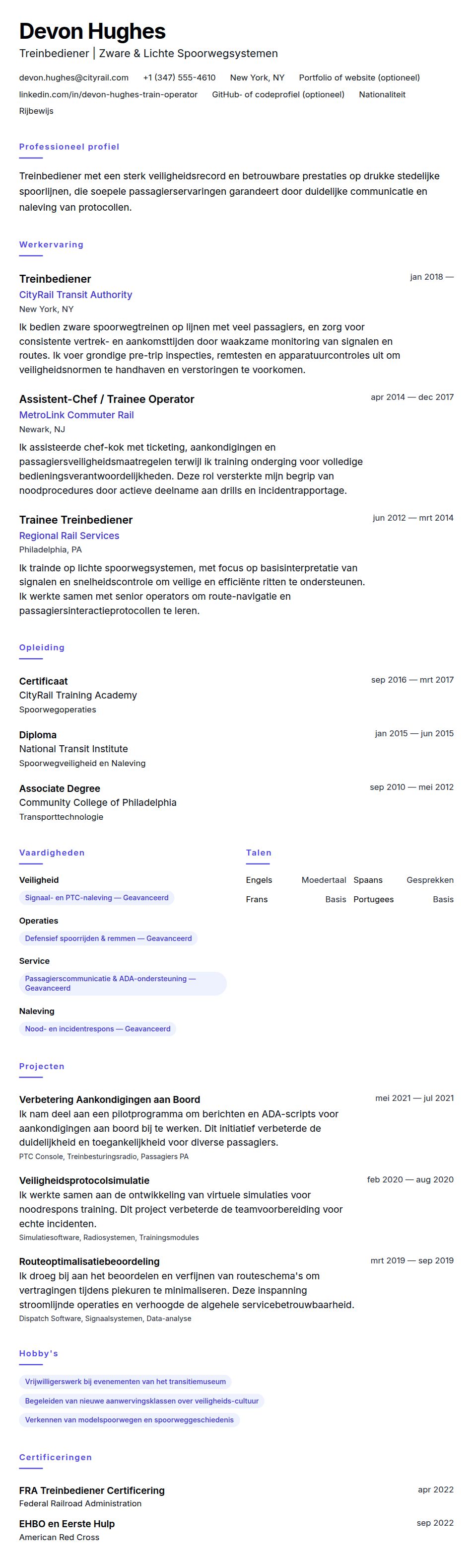 Cv-voorvertoning voor Voorbeeld CV Treinbediener