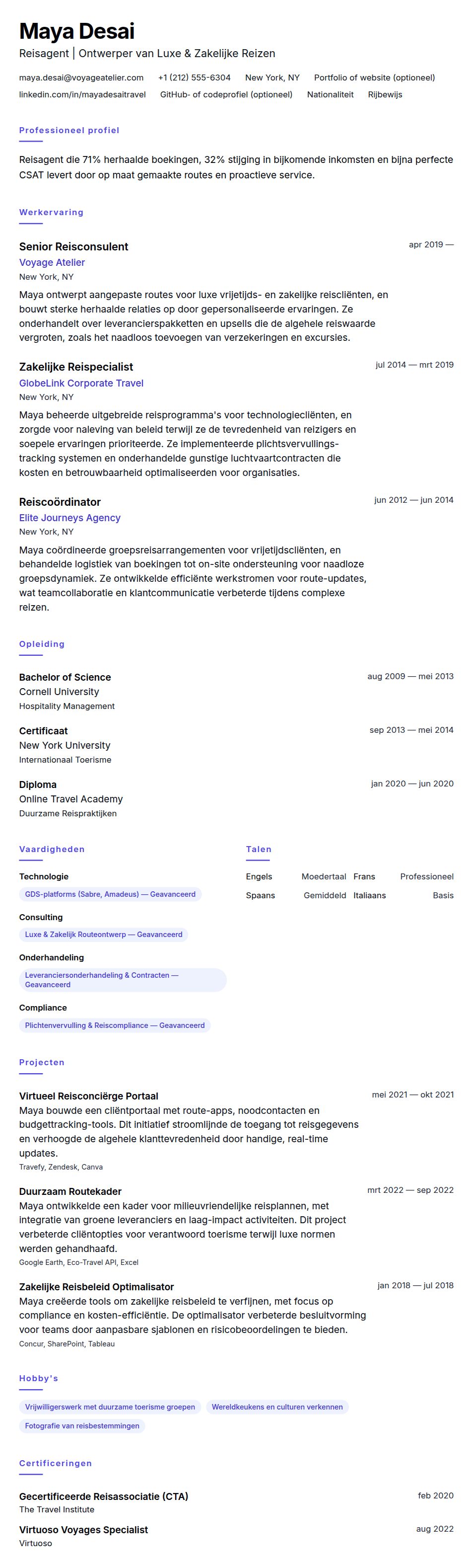 Cv-voorvertoning voor Reisagent CV-voorbeeld