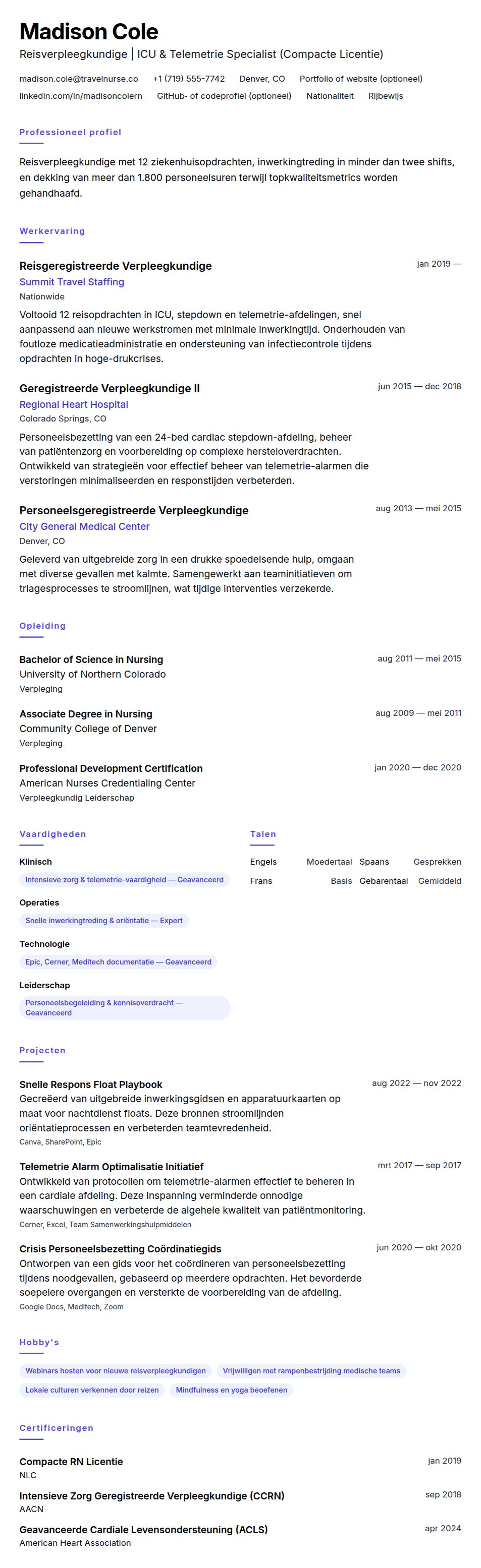 Cv-voorvertoning voor Voorbeeld CV Reisverpleegkundige