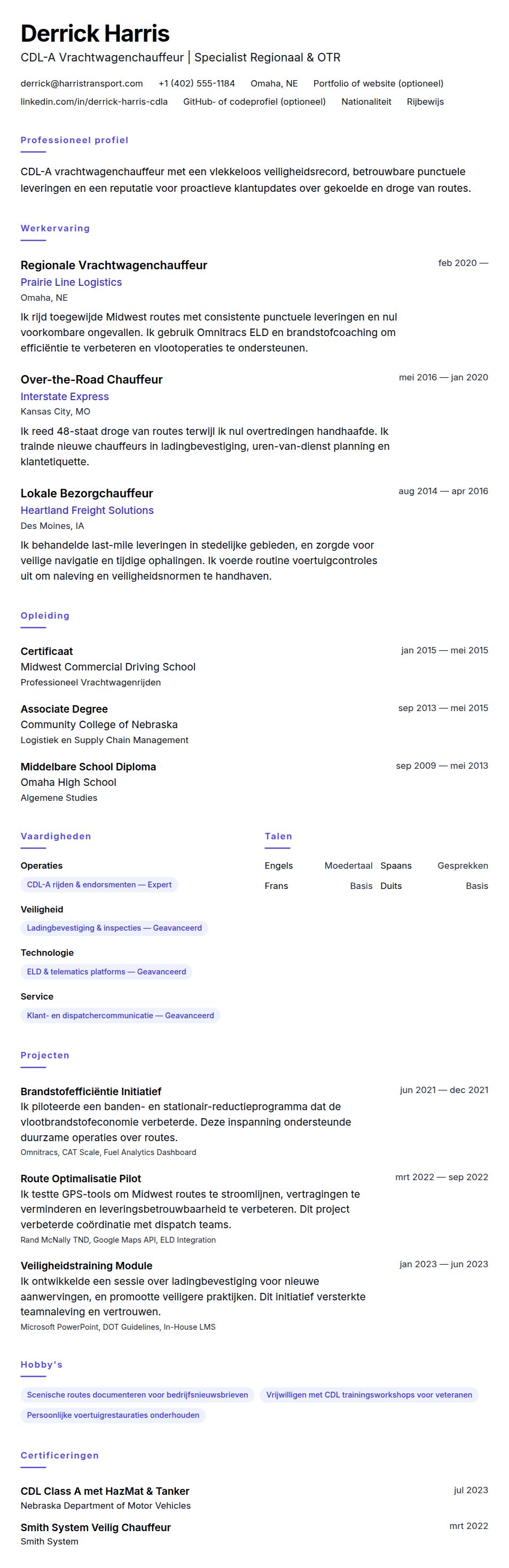 Voorbeeld CV Vrachtwagenchauffeur