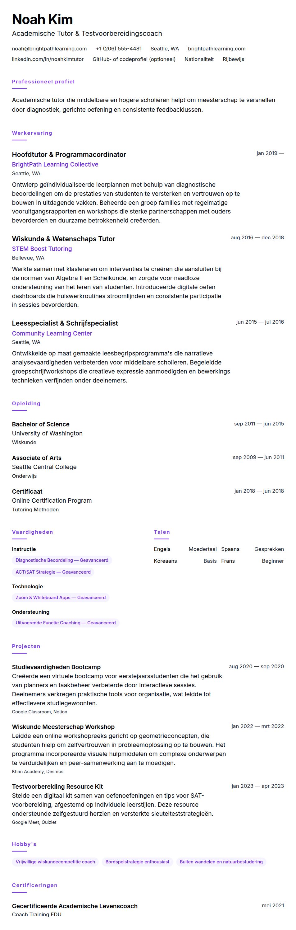 Cv-voorvertoning voor Voorbeeld van Tutor CV