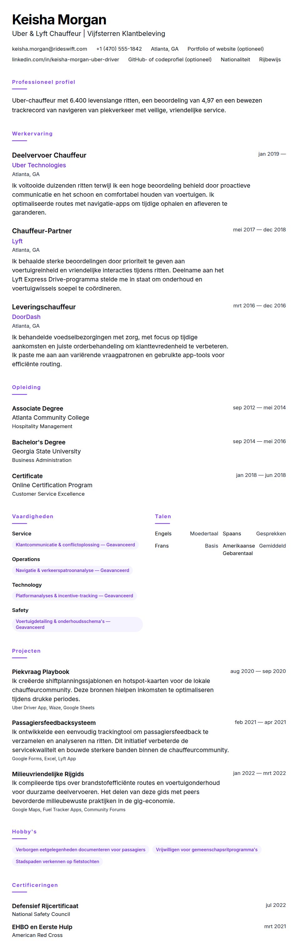 Voorbeeld CV Uber Chauffeur