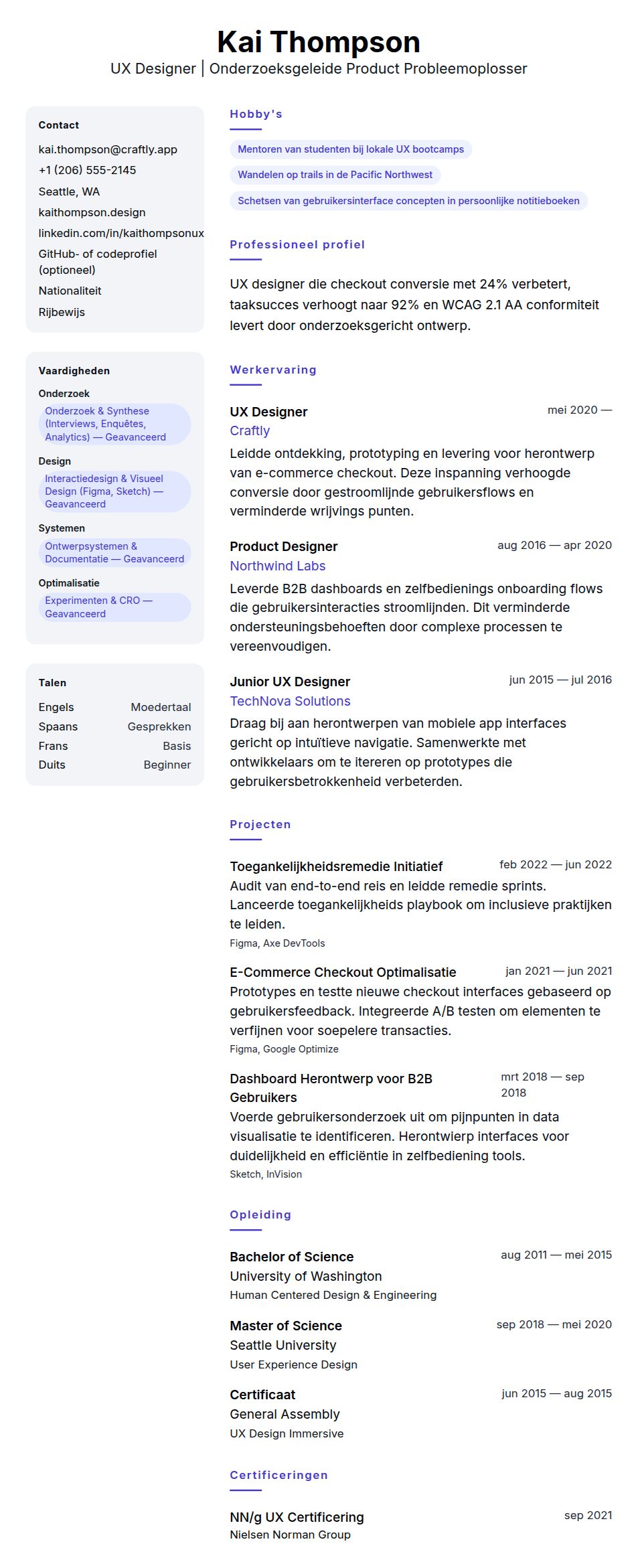 Cv-voorvertoning voor UX Designer CV Voorbeeld