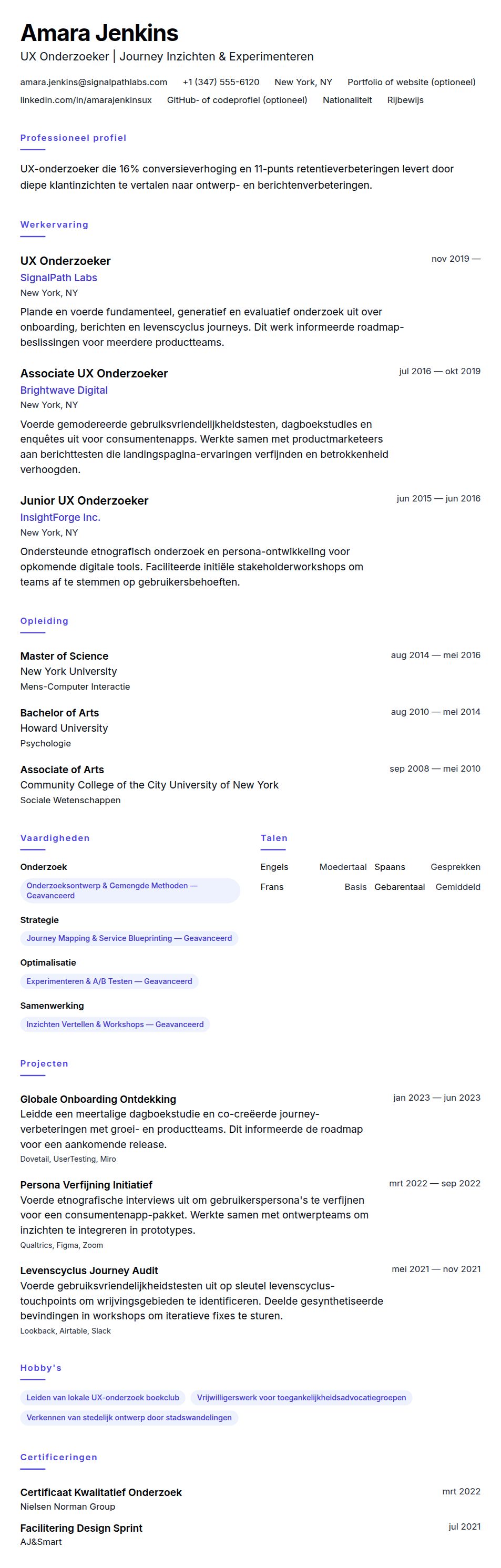 Cv-voorvertoning voor Voorbeeld CV UX Onderzoeker