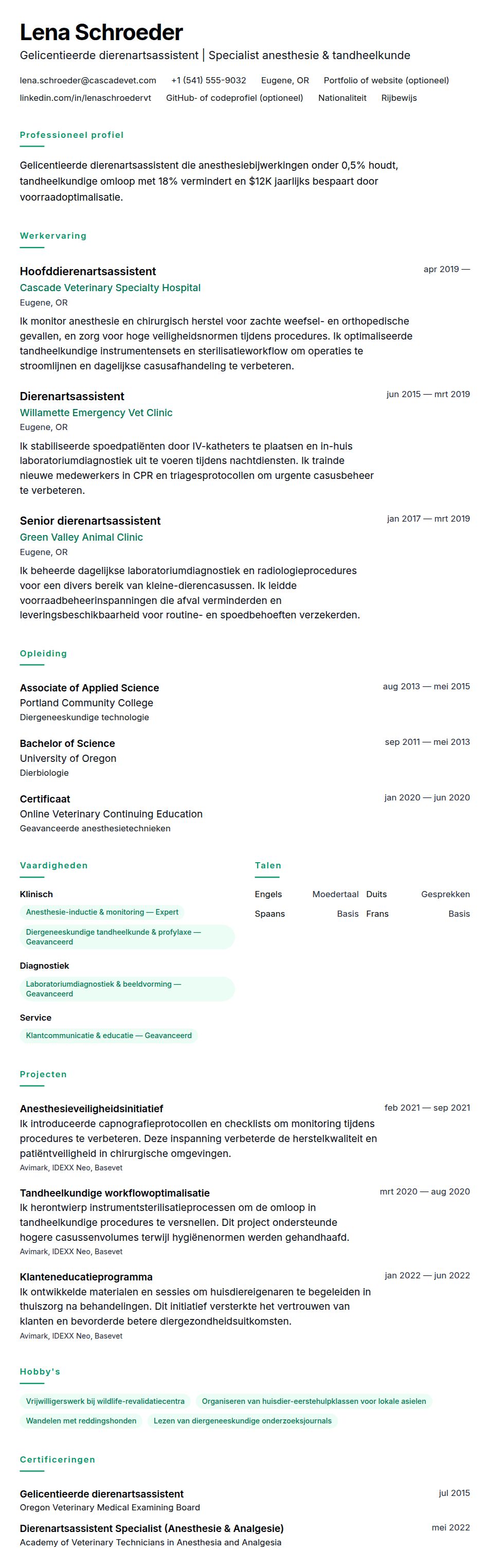 Cv-voorvertoning voor Voorbeeld cv dierenartsassistent