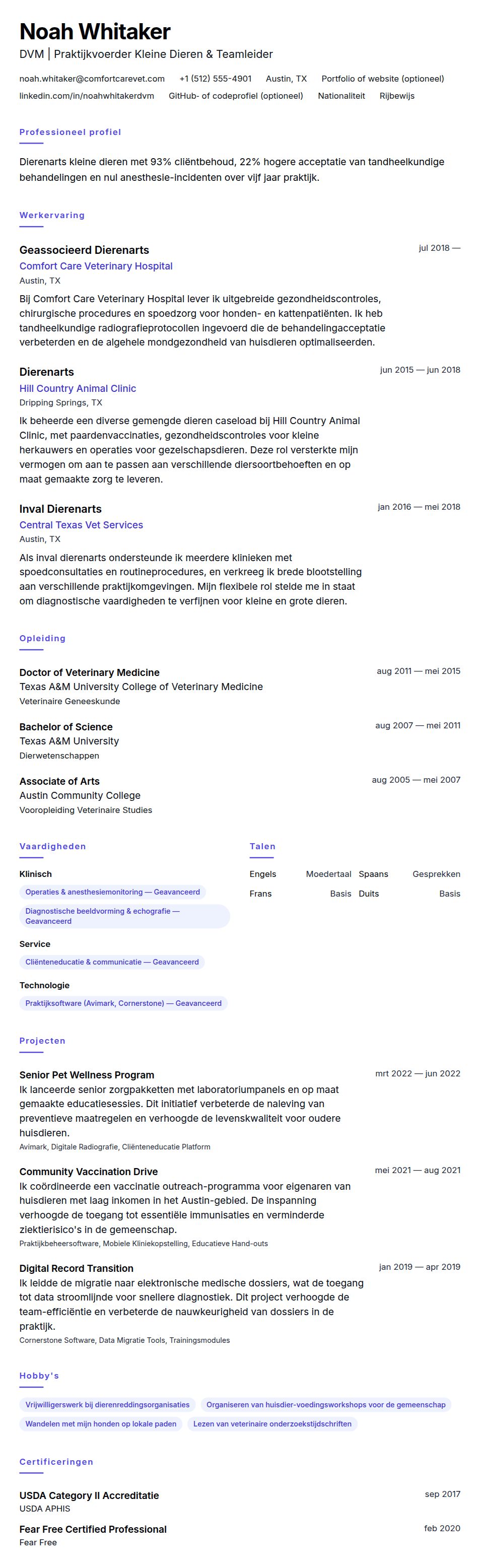 Cv-voorvertoning voor Voorbeeld cv dierenarts