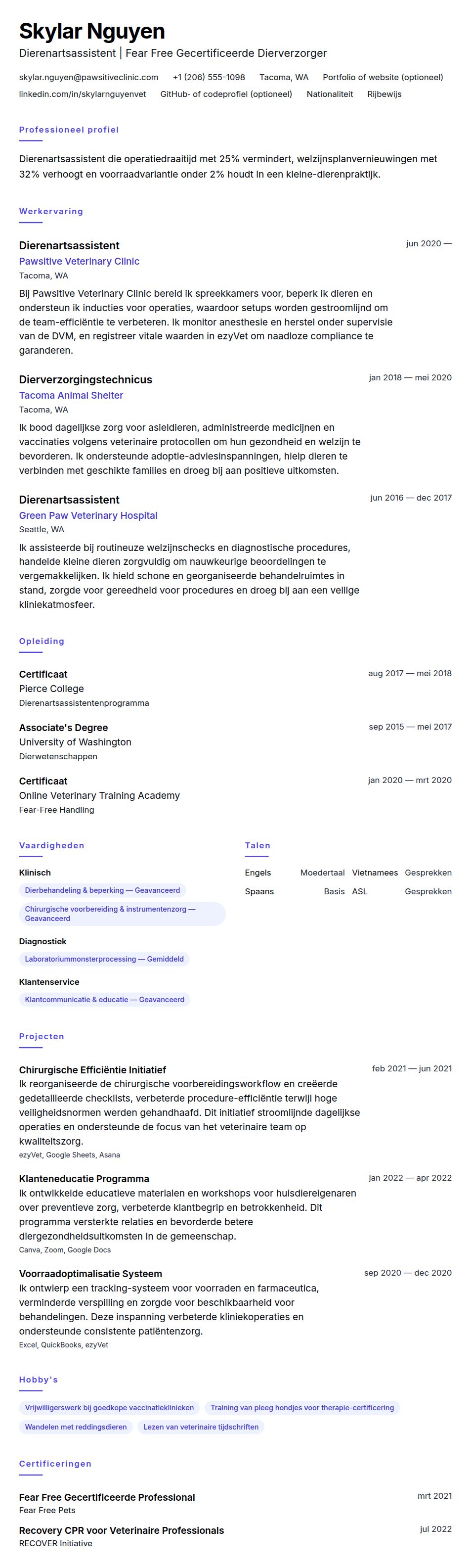 Cv-voorvertoning voor Voorbeeld cv dierenartsassistent