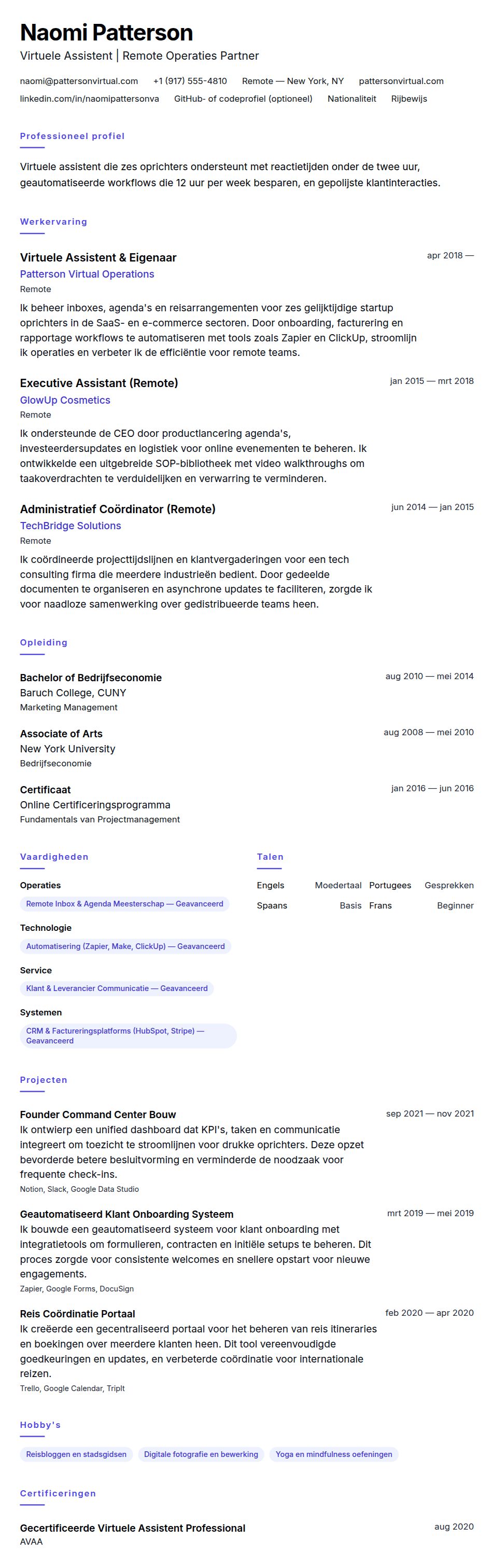 Voorbeeld CV Virtuele Assistent