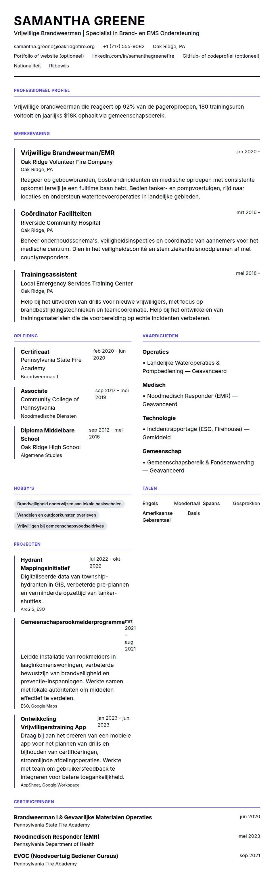 Cv-voorvertoning voor Voorbeeld CV Vrijwillige Brandweerman