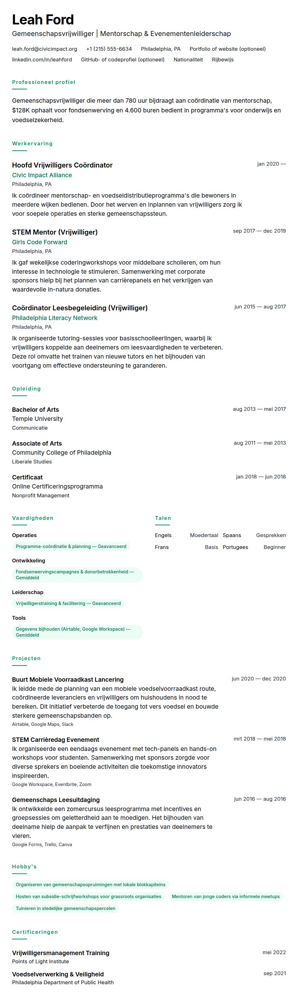 Cv-voorvertoning voor Voorbeeld Vrijwilligers CV