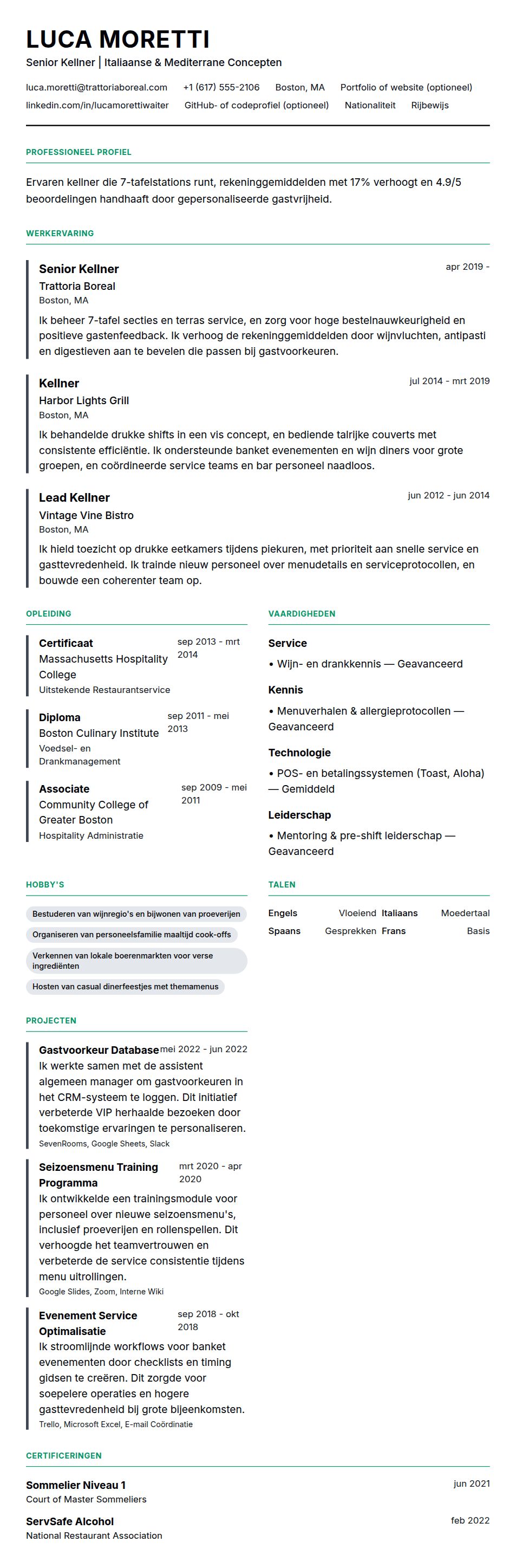 Cv-voorvertoning voor Voorbeeld CV Kellner
