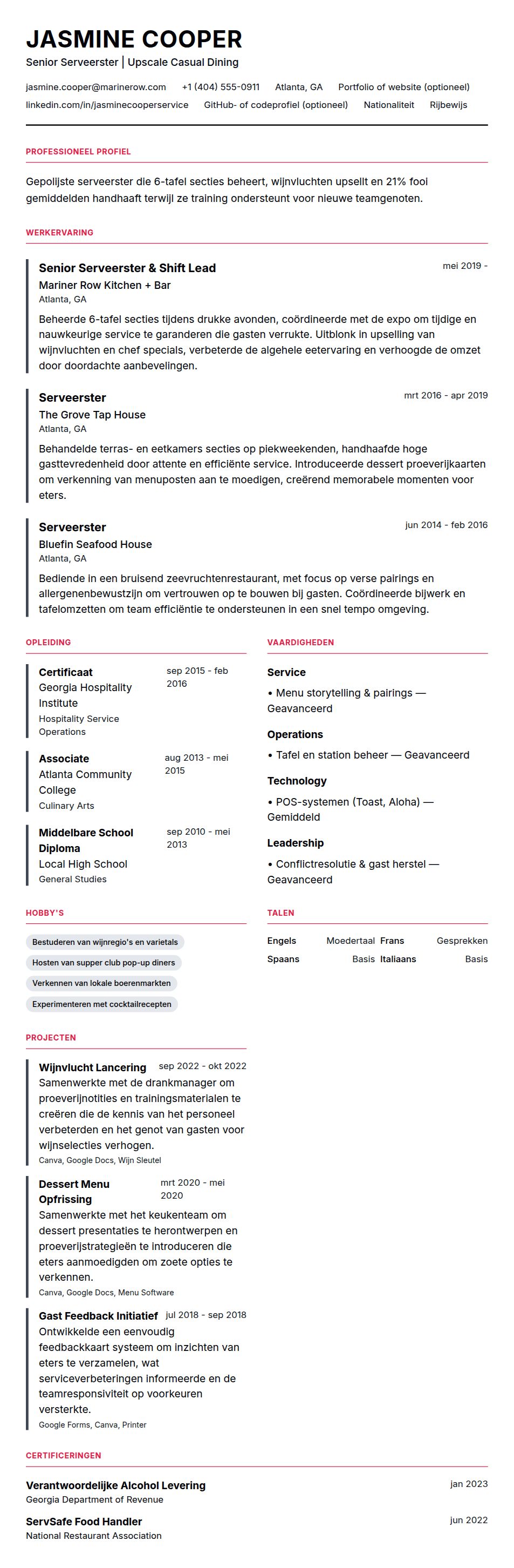 Cv-voorvertoning voor Serveerster CV Voorbeeld