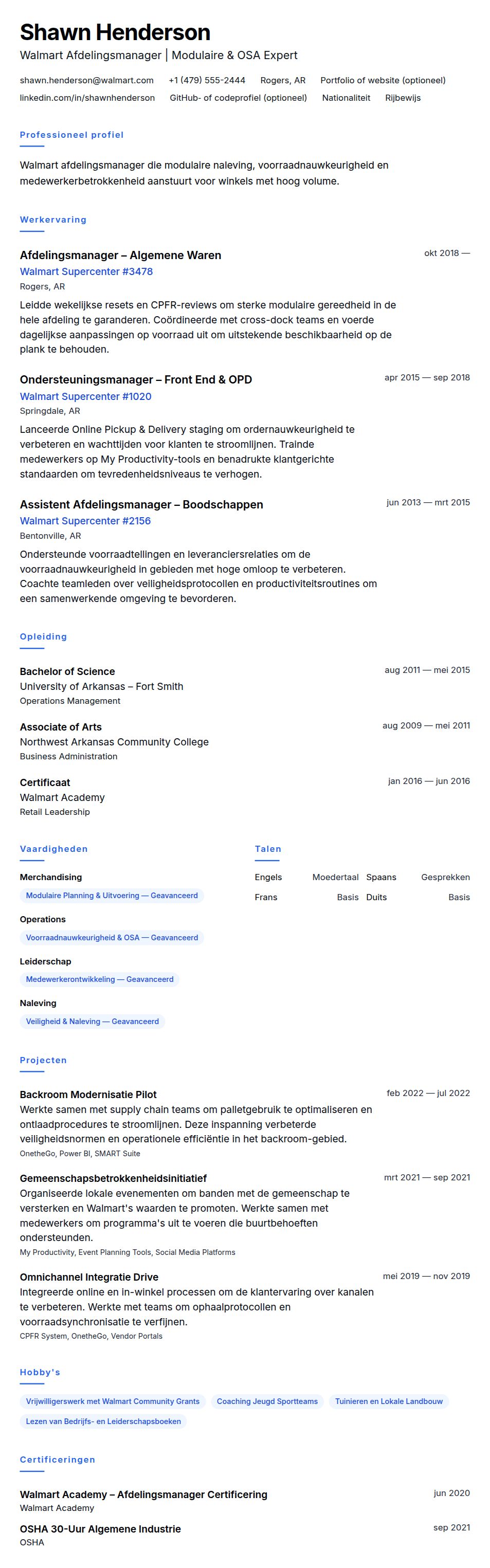 Cv-voorvertoning voor Walmart Afdelingsmanager CV Voorbeeld