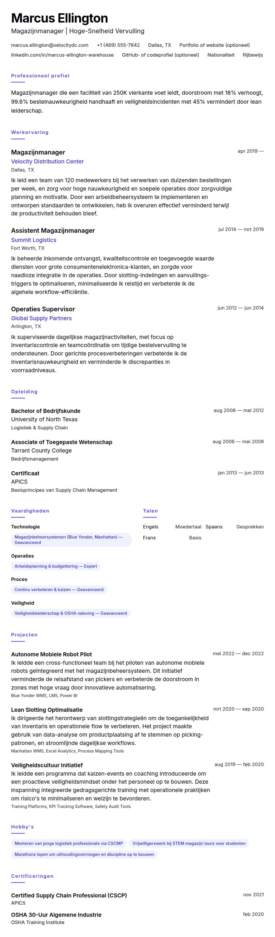 Cv-voorvertoning voor Voorbeeld CV Magazijnmanager