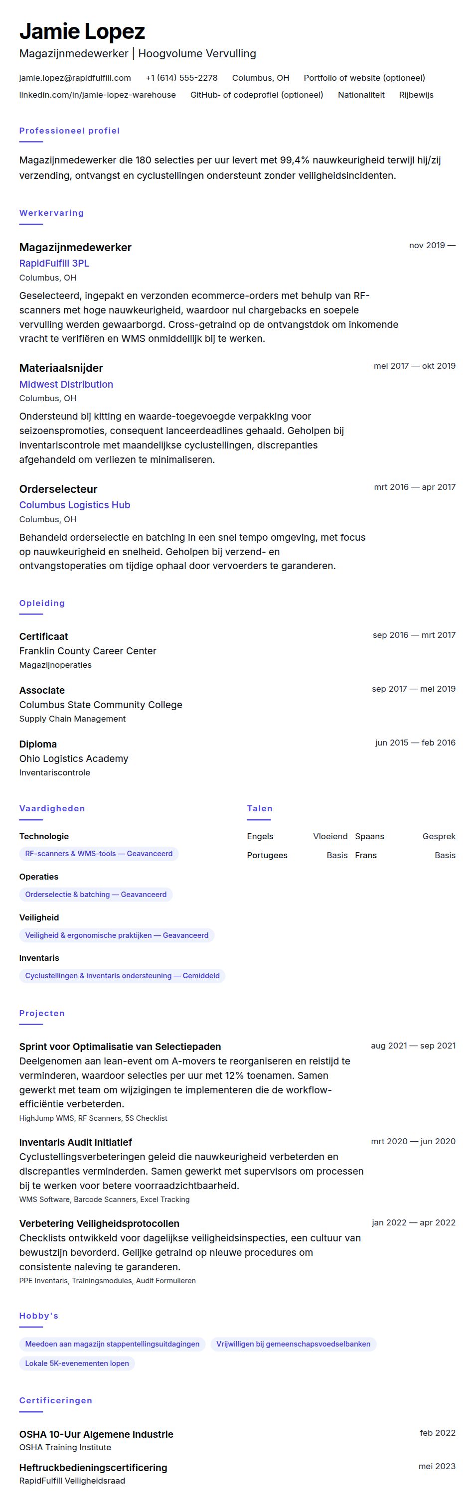 Cv-voorvertoning voor Voorbeeld cv Magazijnmedewerker