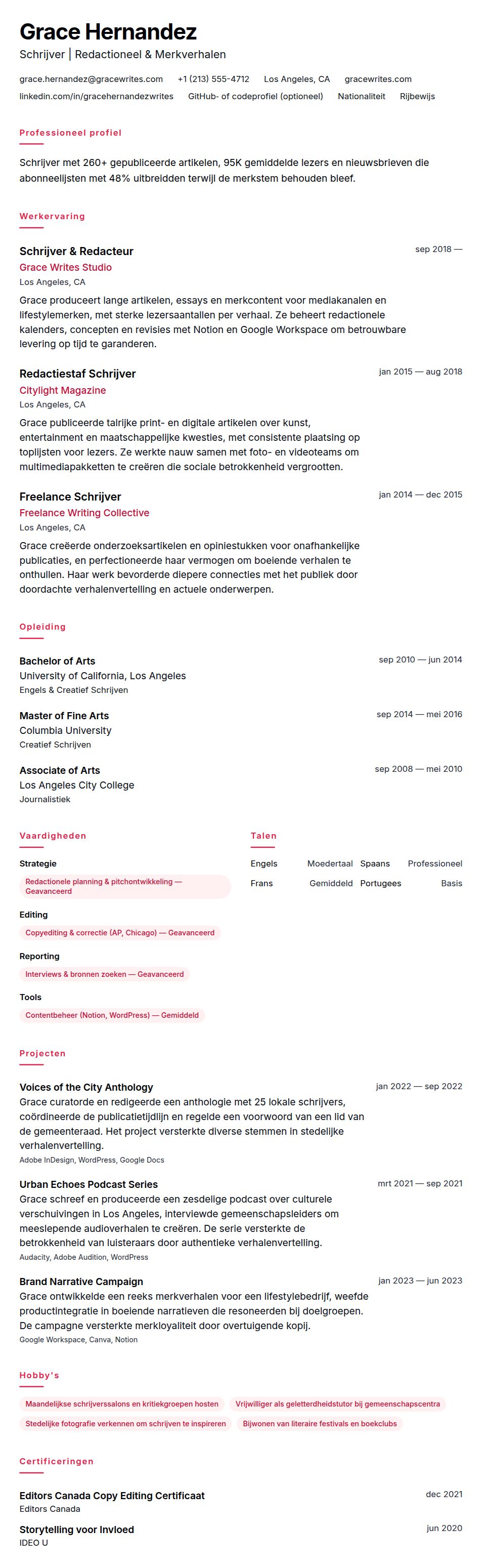 Cv-voorvertoning voor Voorbeeld CV Schrijver