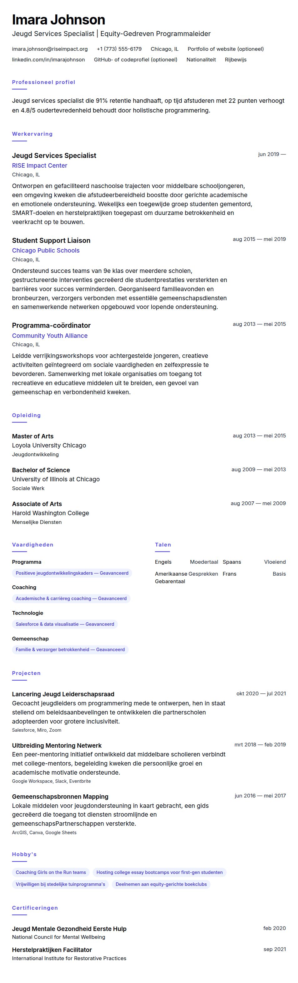 Jeugd Services Specialist CV Voorbeeld