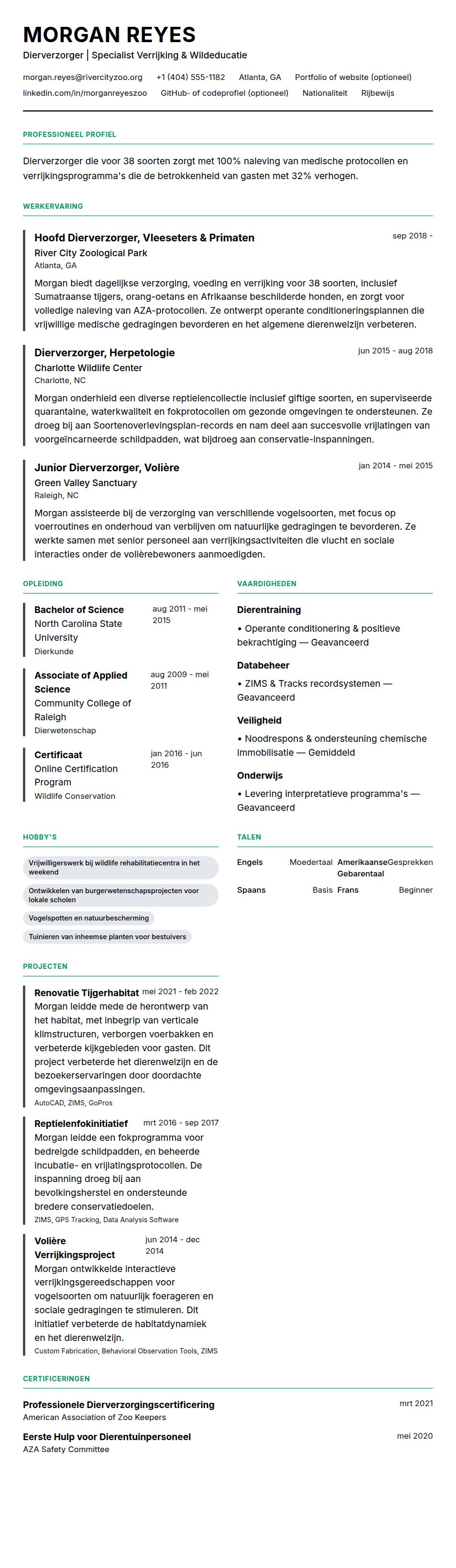 Cv-voorvertoning voor Voorbeeld CV Dierverzorger