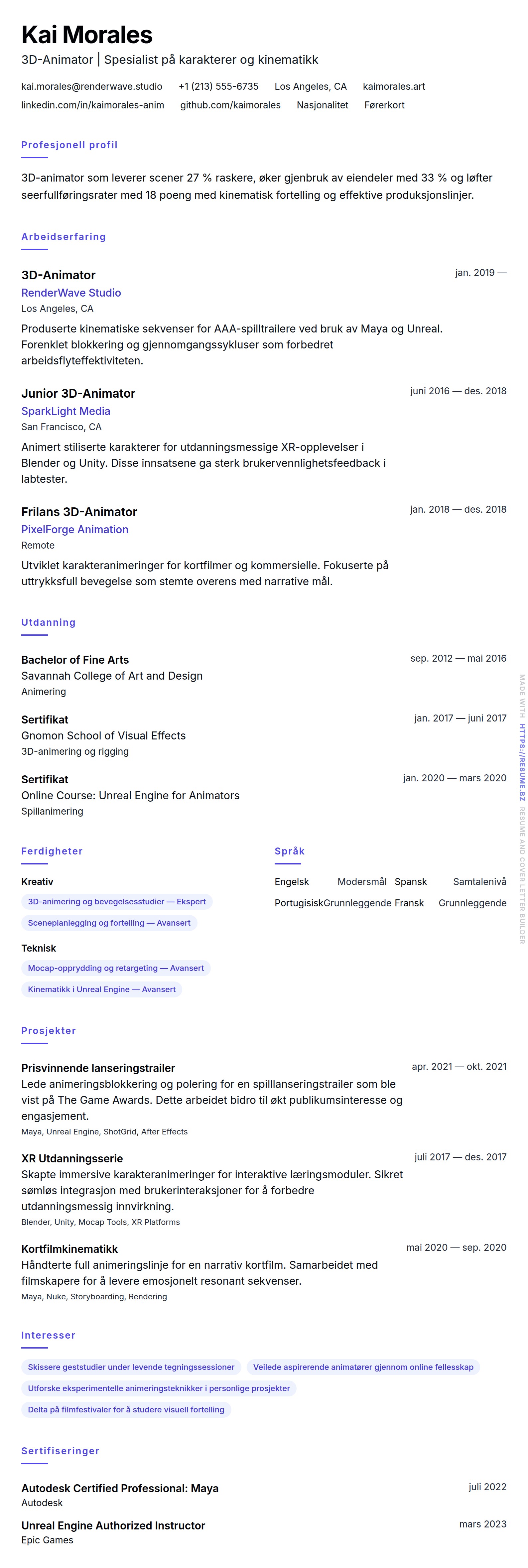 3D Animator CV Eksempel