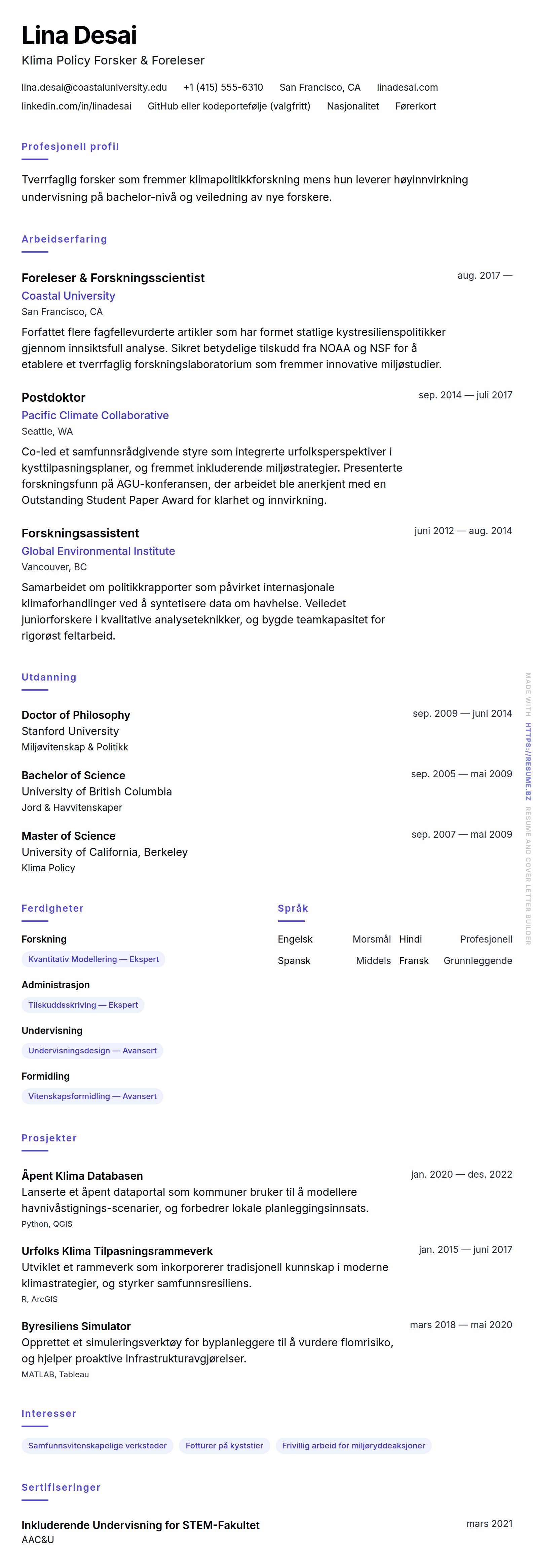 CV-forhåndsvisning for Akademisk CV-eksempel