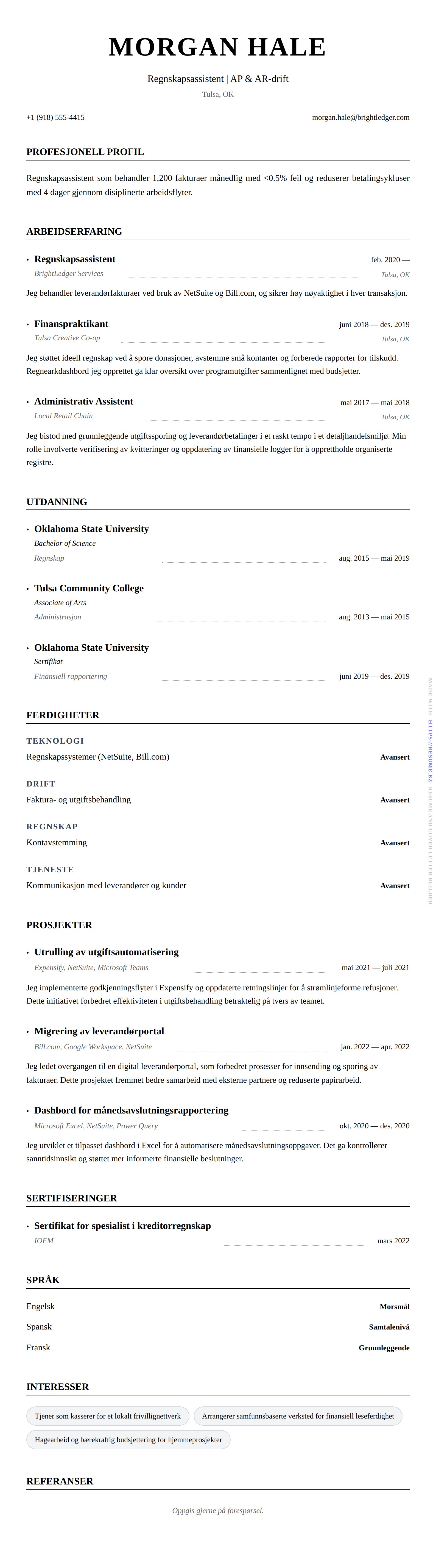 CV-forhåndsvisning for Eksempel på CV for Regnskapsassistent