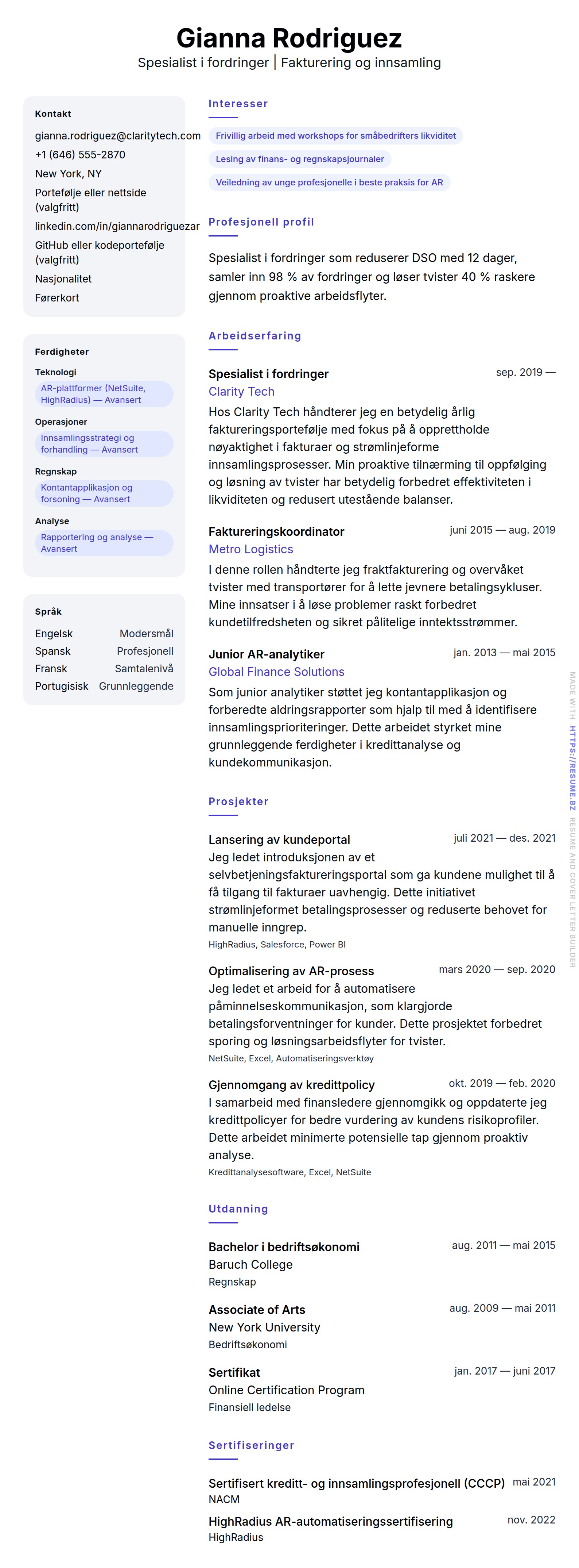 CV-forhåndsvisning for Eksempel på CV for spesialist i fordringer