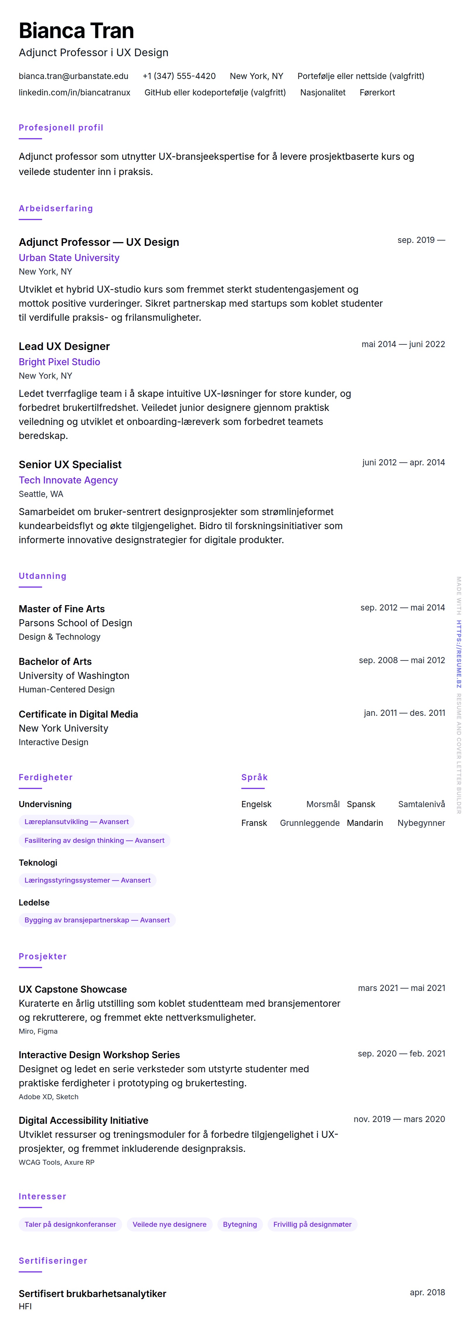 CV-forhåndsvisning for Eksempel på CV for Adjunct Professor