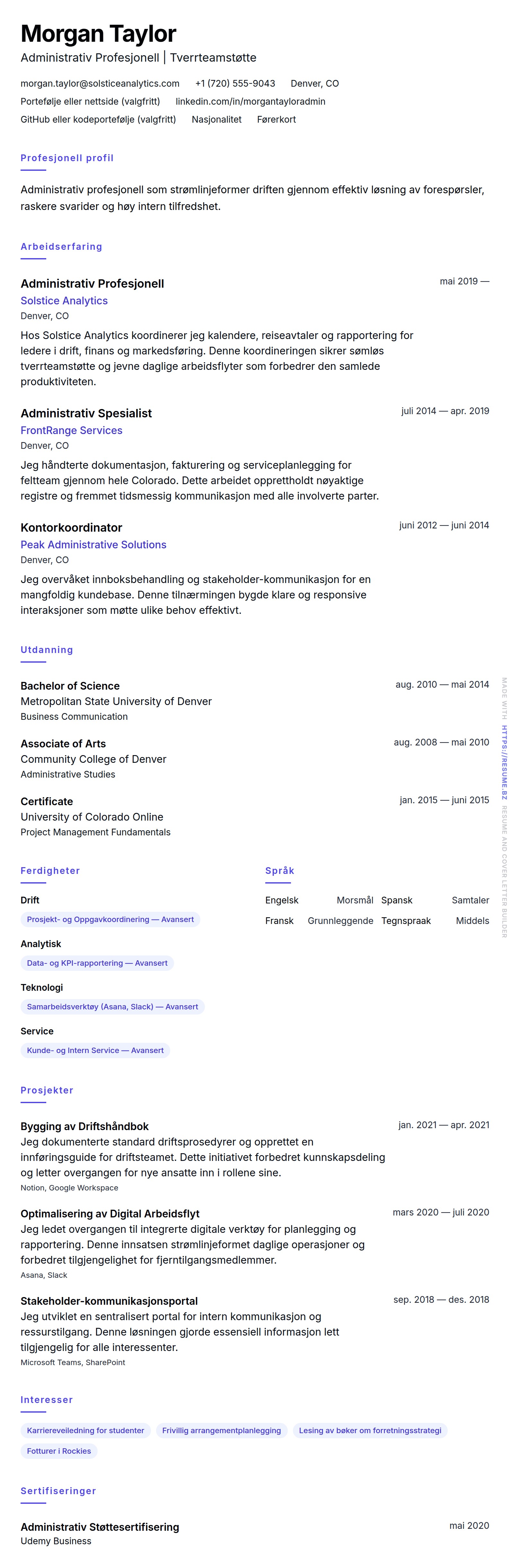 CV-forhåndsvisning for Administrativ Profesjonell CV-Eksempel
