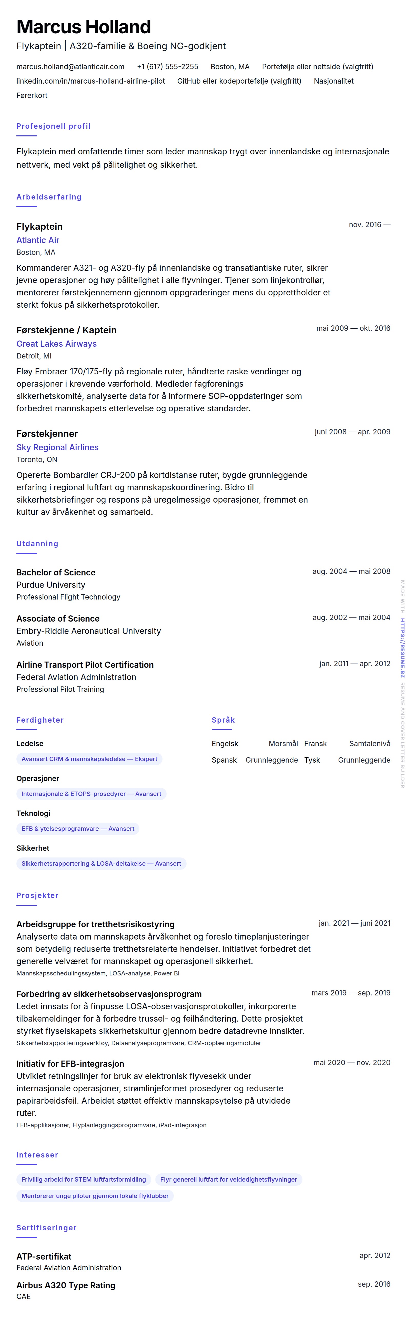 CV-forhåndsvisning for Eksempel på CV for flykaptein
