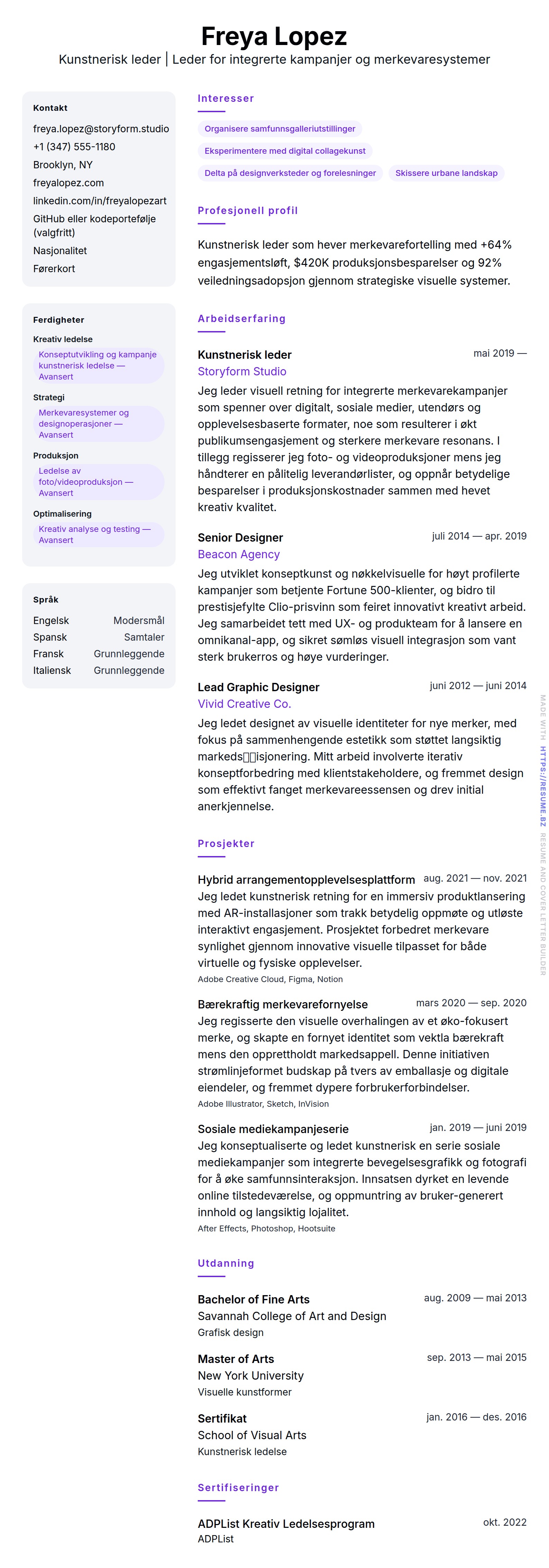 CV-forhåndsvisning for Kunstnerisk leder CV-eksempel