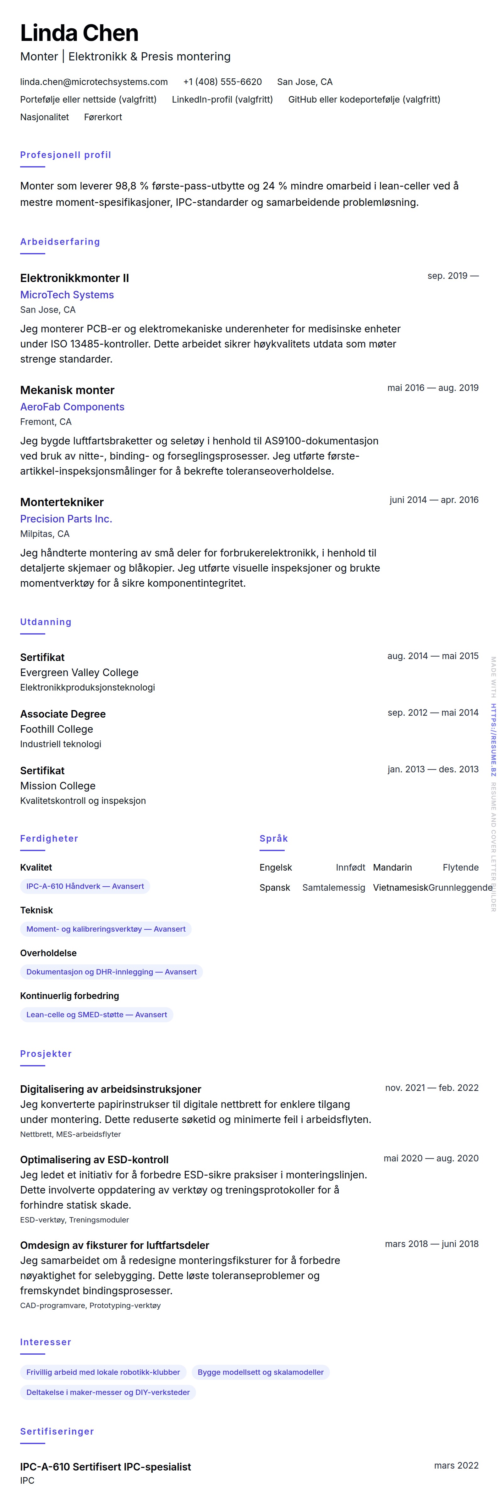 CV-forhåndsvisning for Monter CV-eksempel