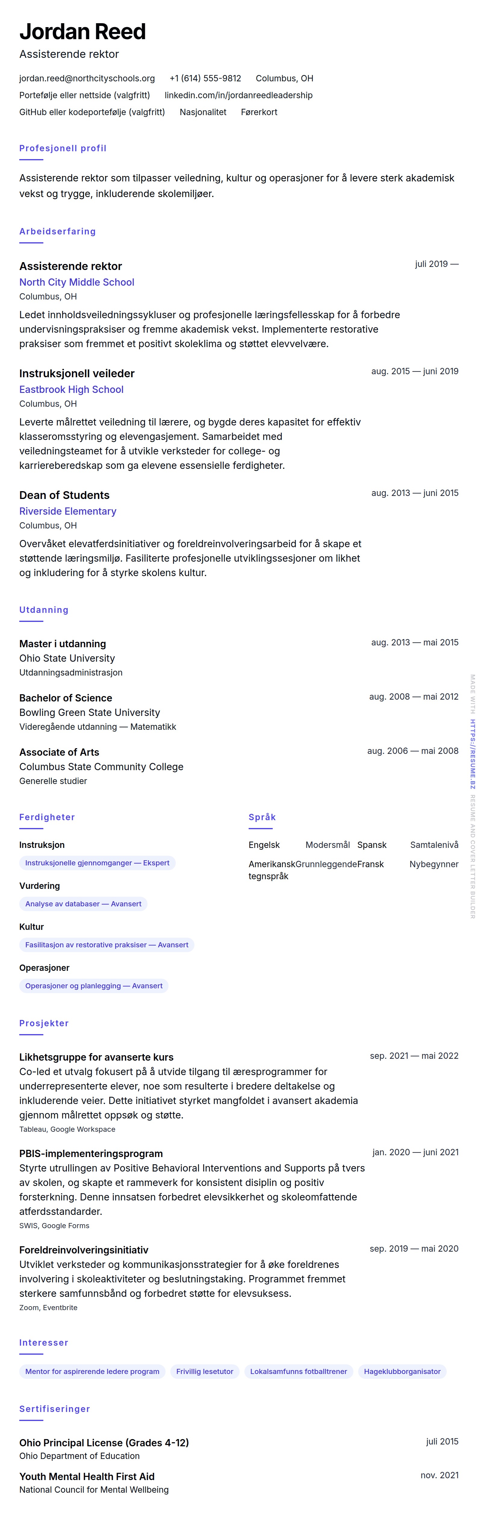 CV-forhåndsvisning for Eksempel på CV for assisterende rektor