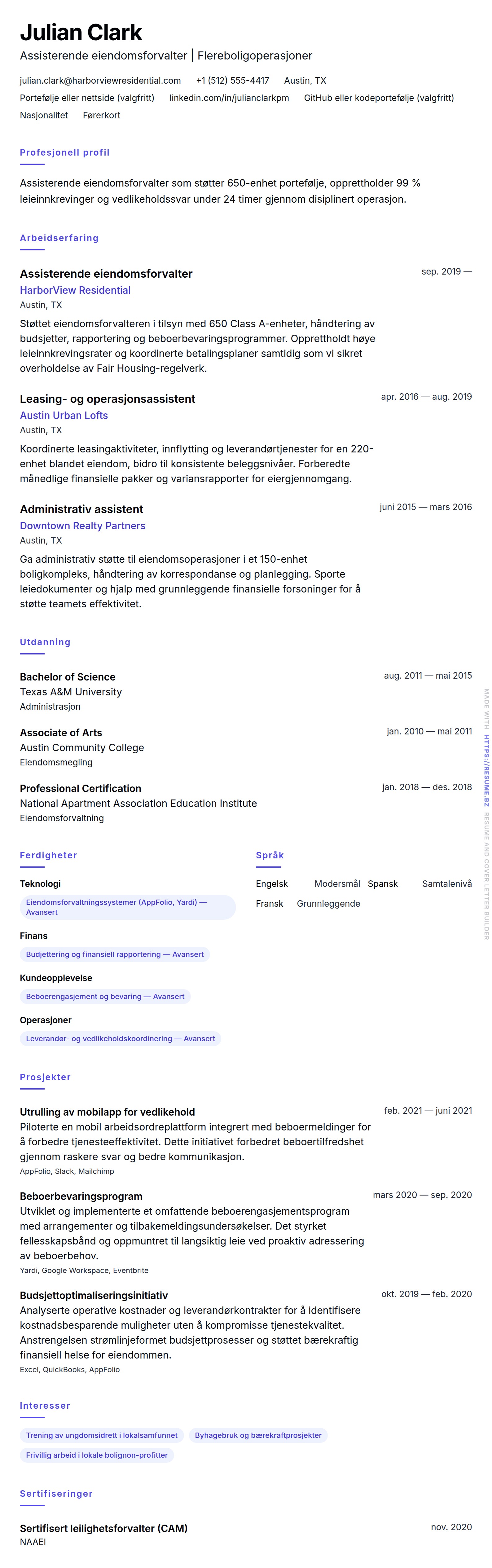 Eksempel på CV for assisterende eiendomsforvalter