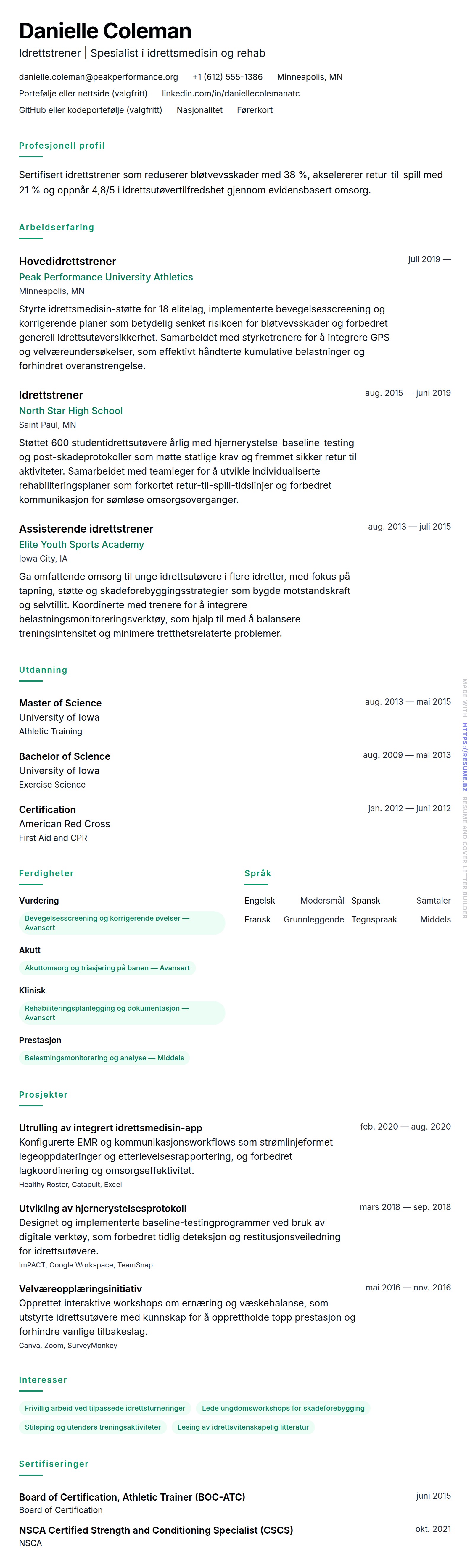 Idrettstrener CV-eksempel