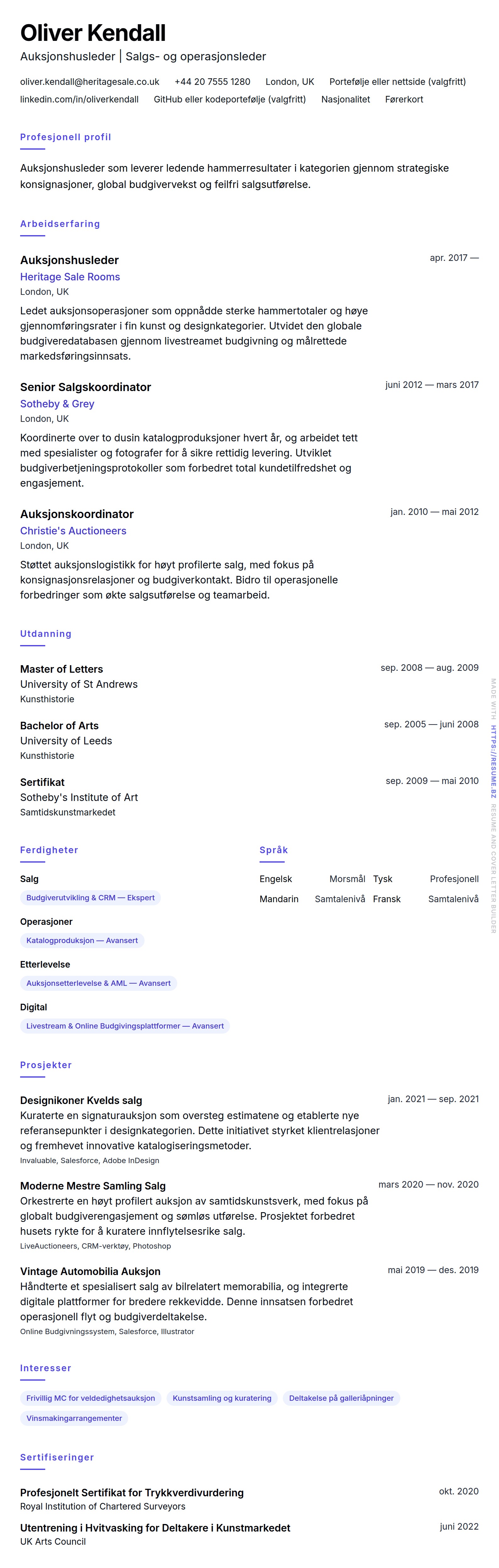 CV-forhåndsvisning for Eksempel på CV for Auksjonshusleder