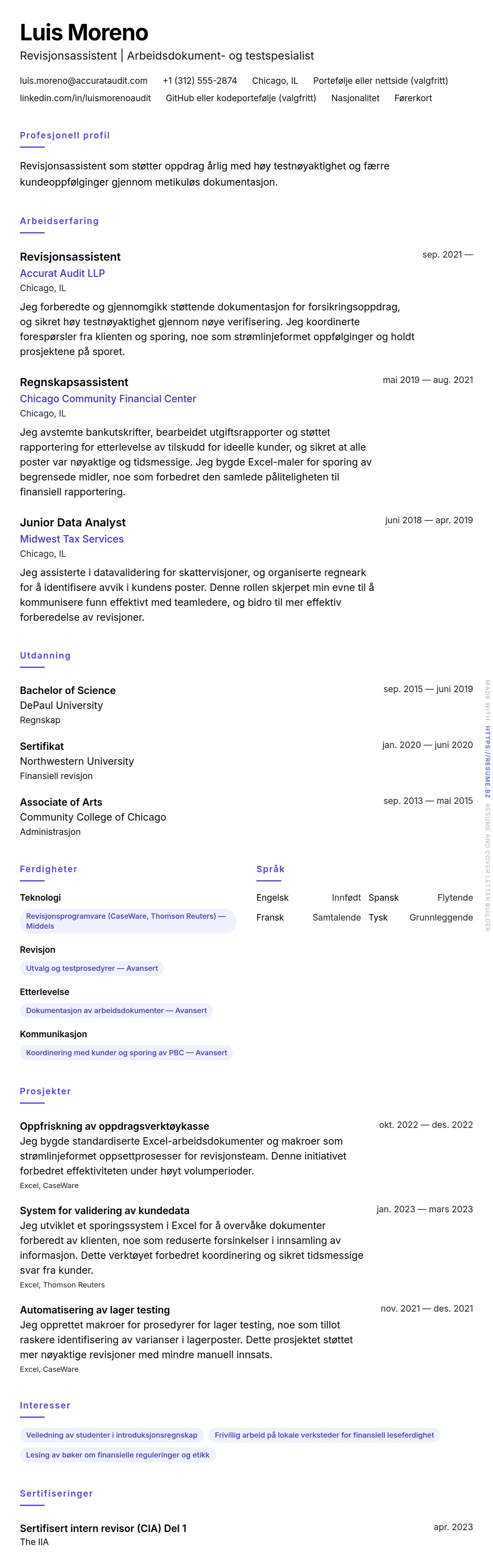 CV-forhåndsvisning for Revisjonsassistent CV-eksempel