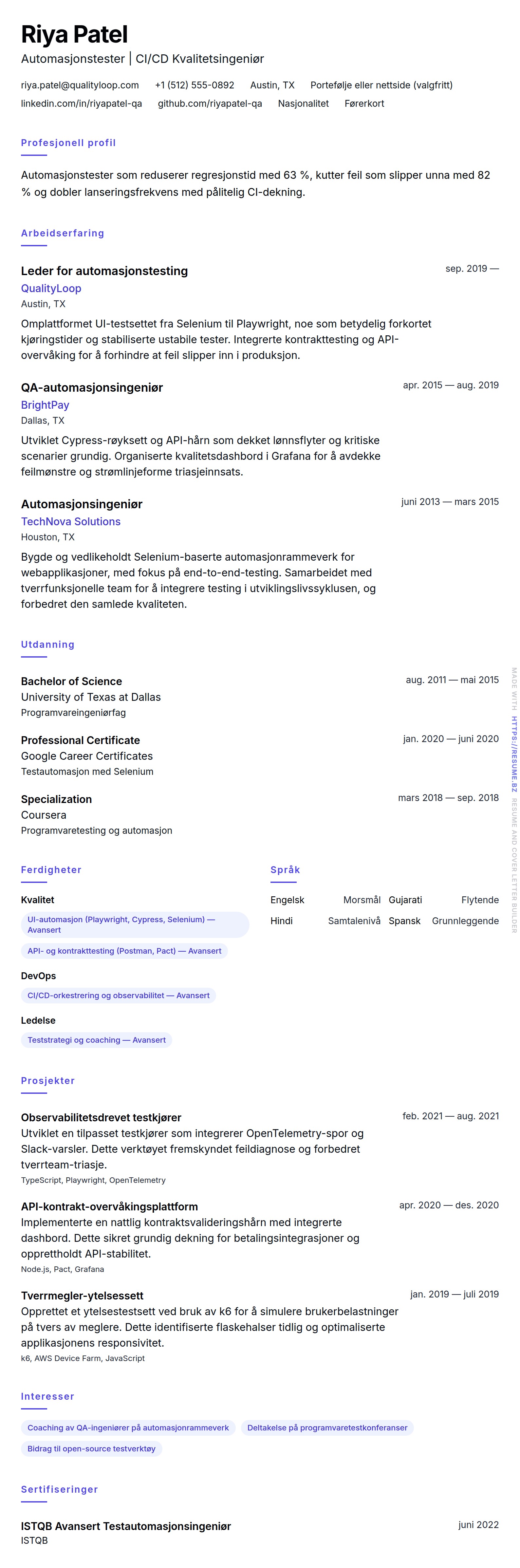 CV-forhåndsvisning for Eksempel på CV for automasjonstester