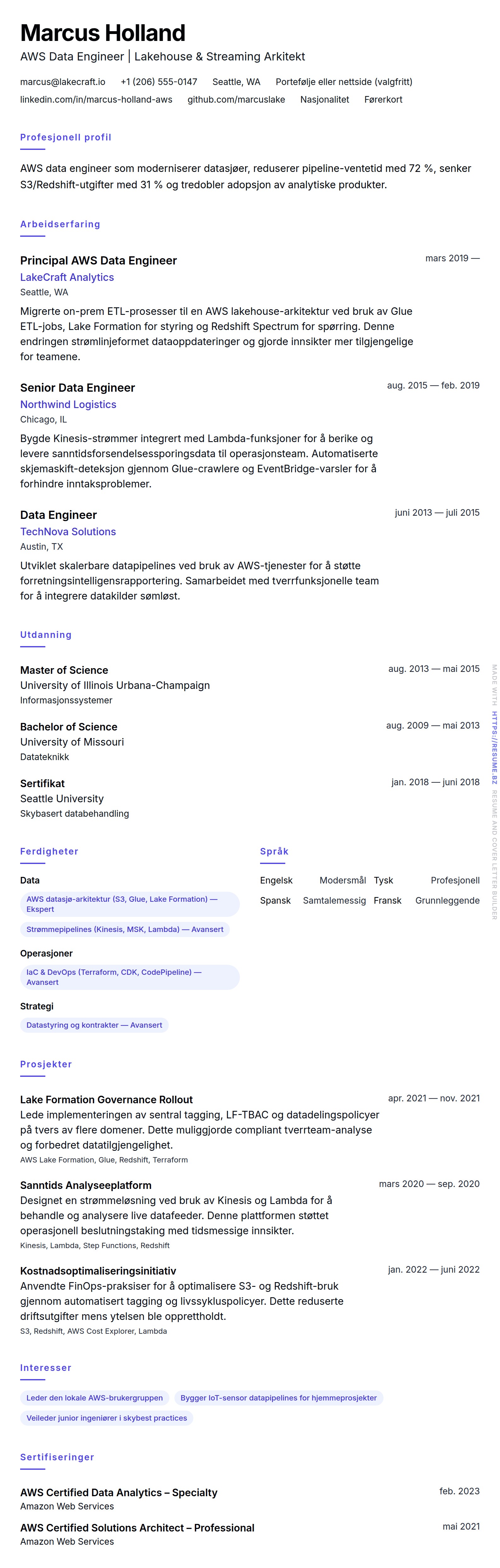 CV-forhåndsvisning for AWS Data Engineer CV-eksempel
