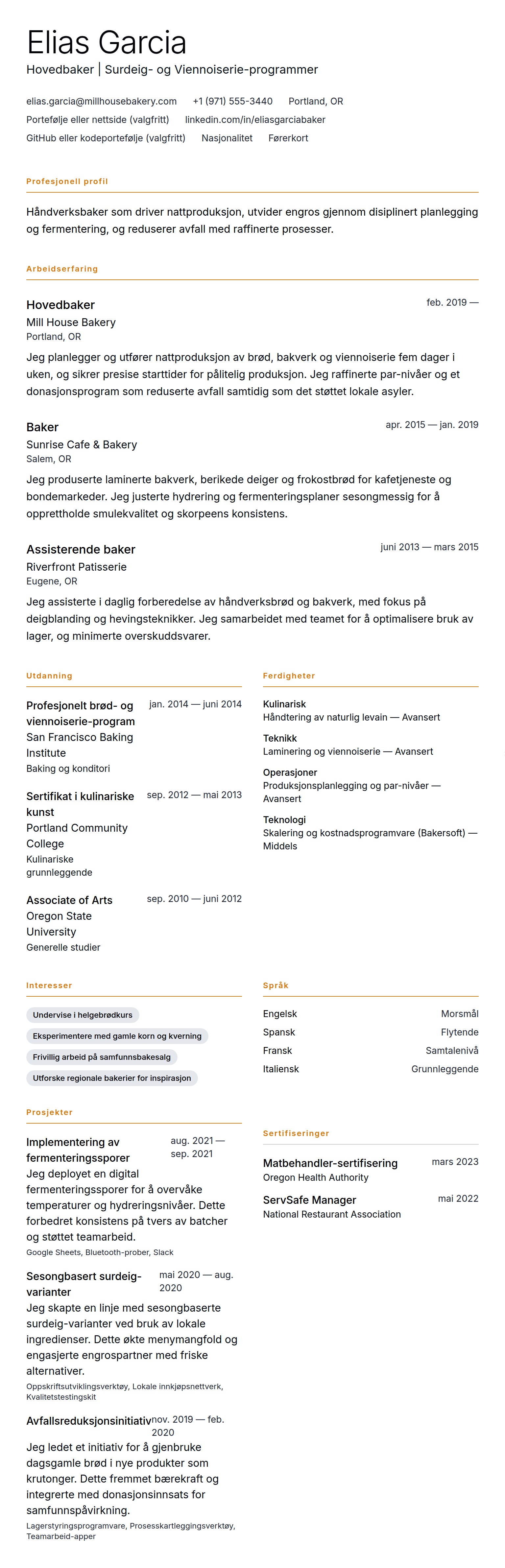 CV-forhåndsvisning for Baker CV-eksempel