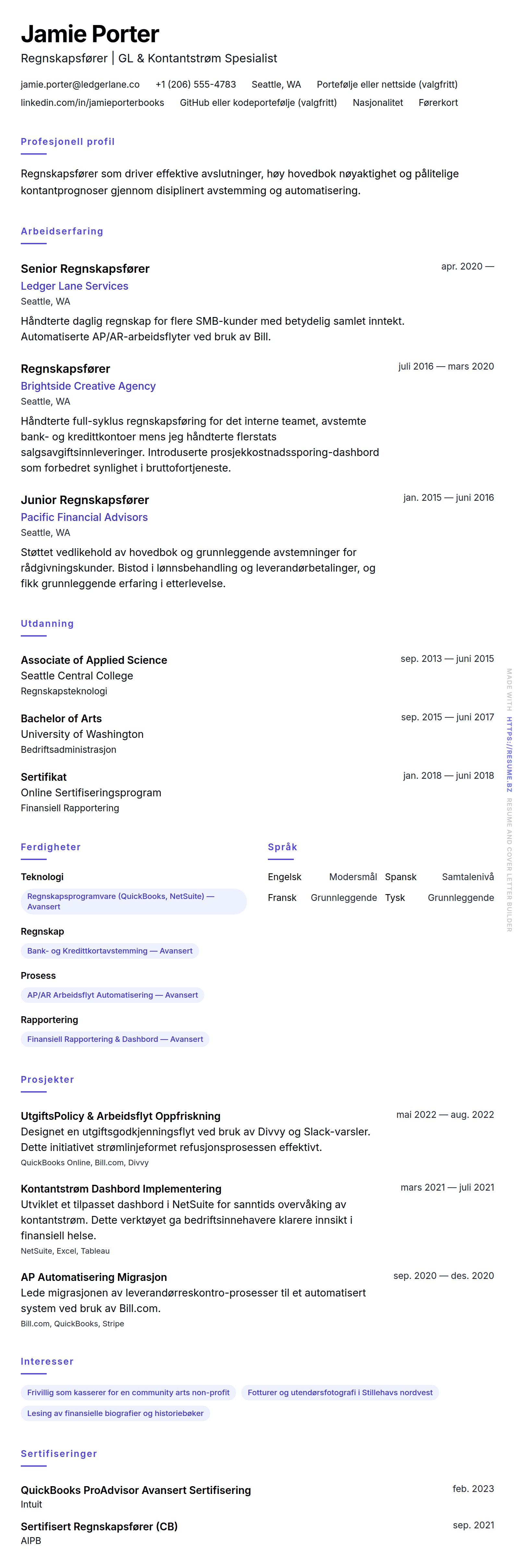 CV-forhåndsvisning for Regnskapsfører CV-eksempel