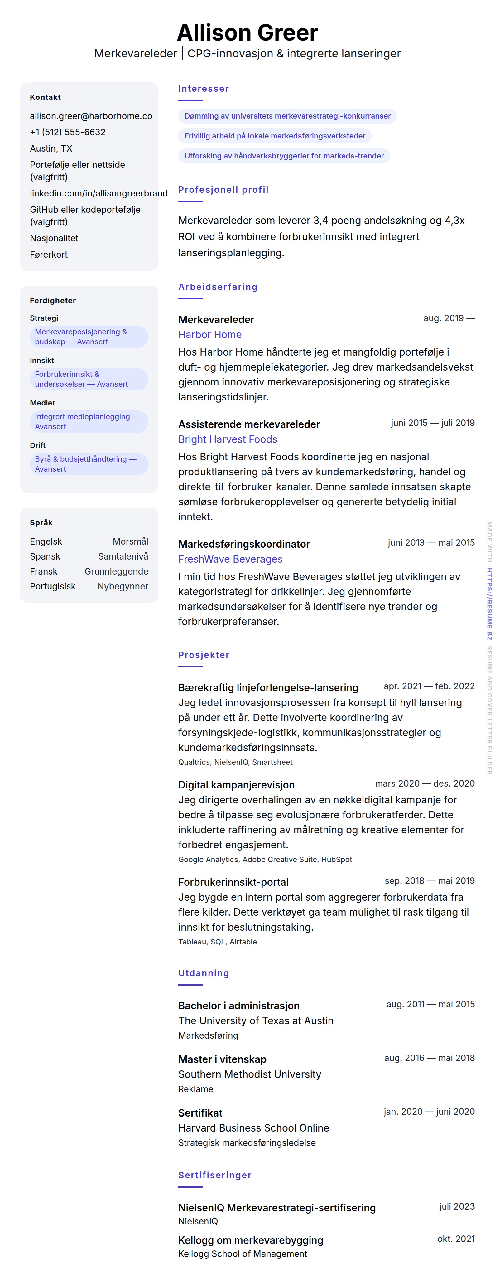 CV-forhåndsvisning for Merkevareleder CV-eksempel