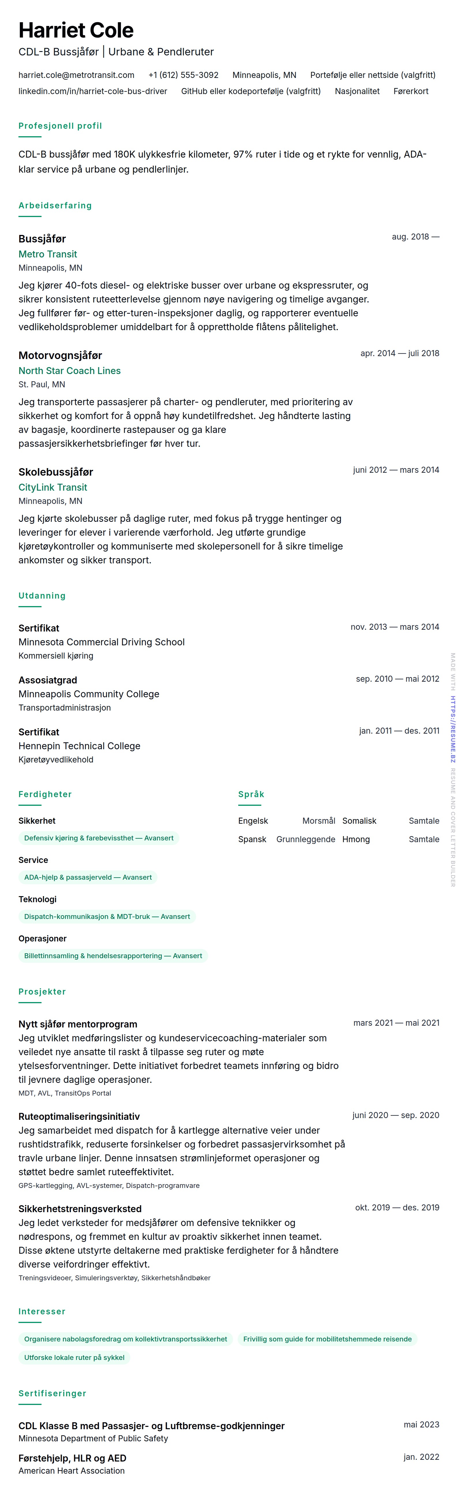 CV-forhåndsvisning for Bussjåfør CV-eksempel