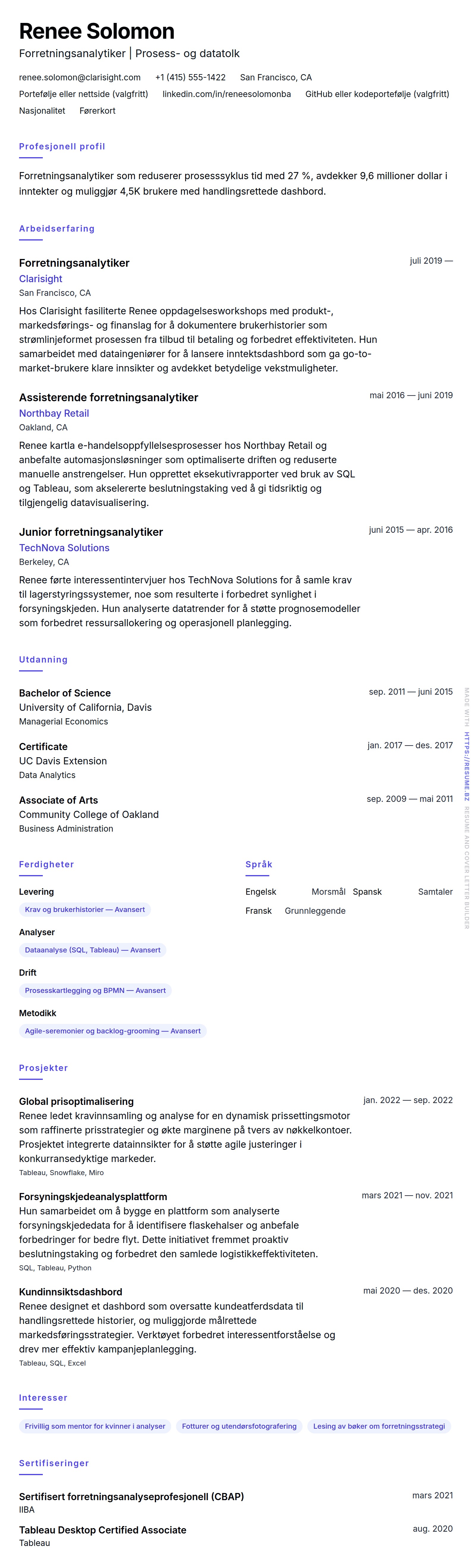 CV-forhåndsvisning for Eksempel på CV for forretningsanalytiker